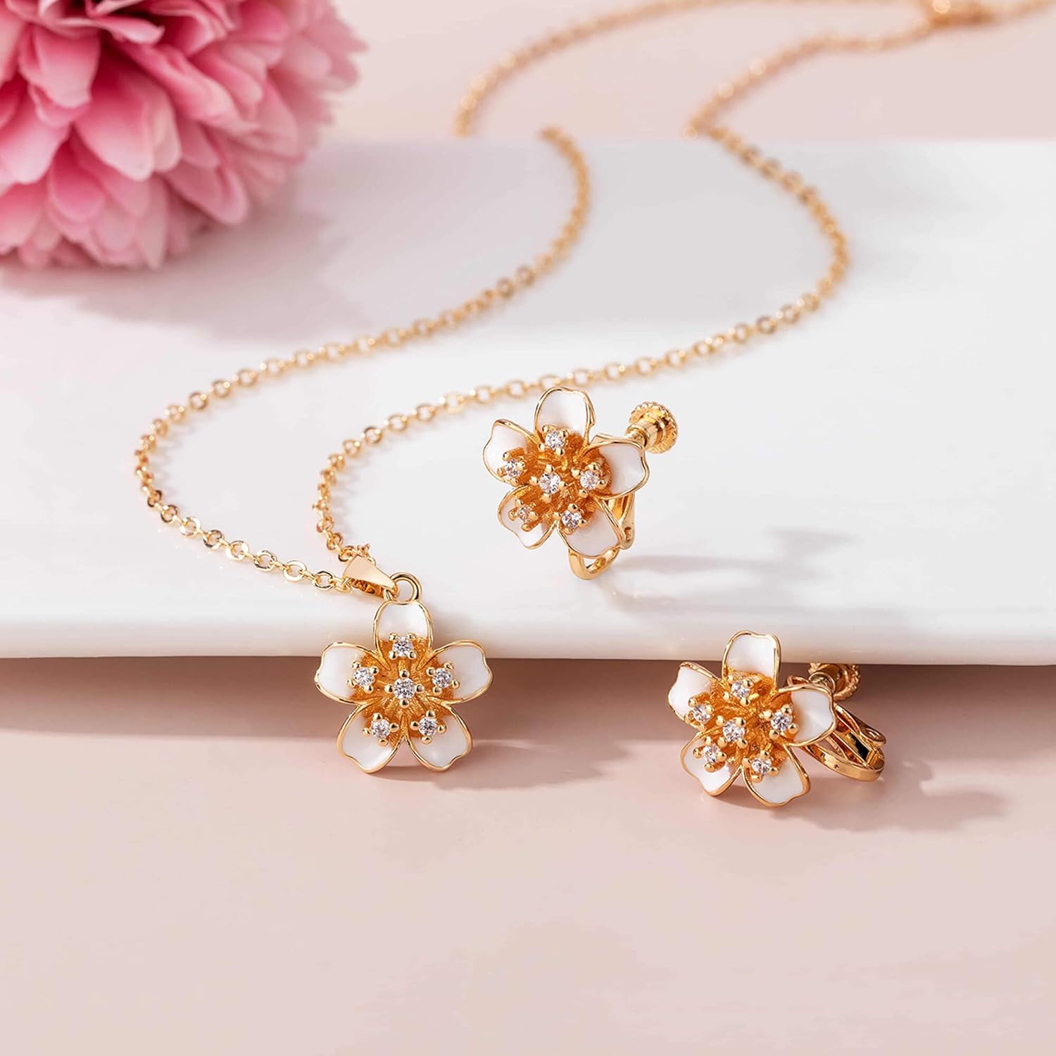 EVEVIC Flower Pendant Necklace Clip On Earrings Set for Women 14K Gold Plated Hypoallergenic Cherry Blossom Floral Jewelry Sets - Image 2