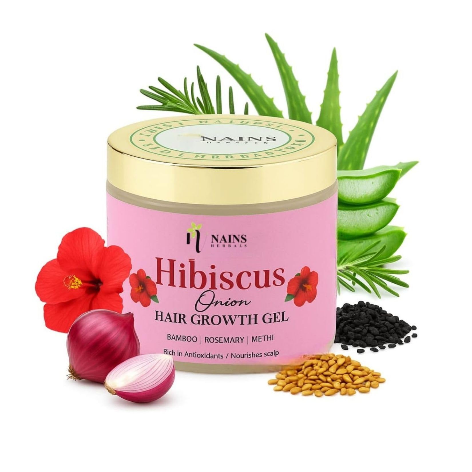 NAINS HERBALS Hibiscus Onion Hair Gel For Hairfall Control, Hair Growth, dry, frizzy Damage Repair With Bamboo, Saw Palmetto | Light Weight & Non Greasy For Men & Women Daily Use | 100 g