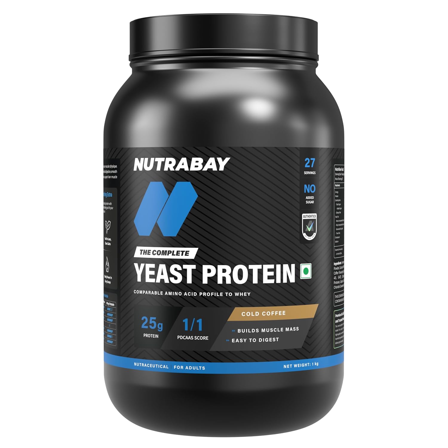 Nutrabay Fermented Yeast Protein Powder - 1kg, Cold Coffee | 25g Protein, 6.7g BCAA | 9 EAAs | PDCAAS 1 | Gut Friendly | S...