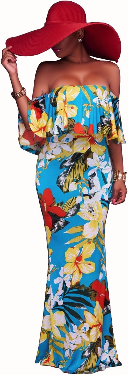 Suimiki Vintage Ruffle Plain Floral Printed Off Shoulder Bodycon Long Party Maxi Dress Blue Small - Image 3