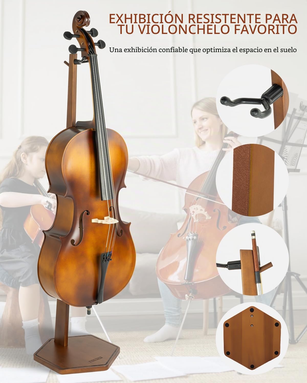Soporte de madera para violonchelo STRICH con soporte para arco, soporte de suelo resistente, para tamaños 1/2, 1/4, 3/4, 4/4, 1/8 y 7/8, para el hogar y el estudio