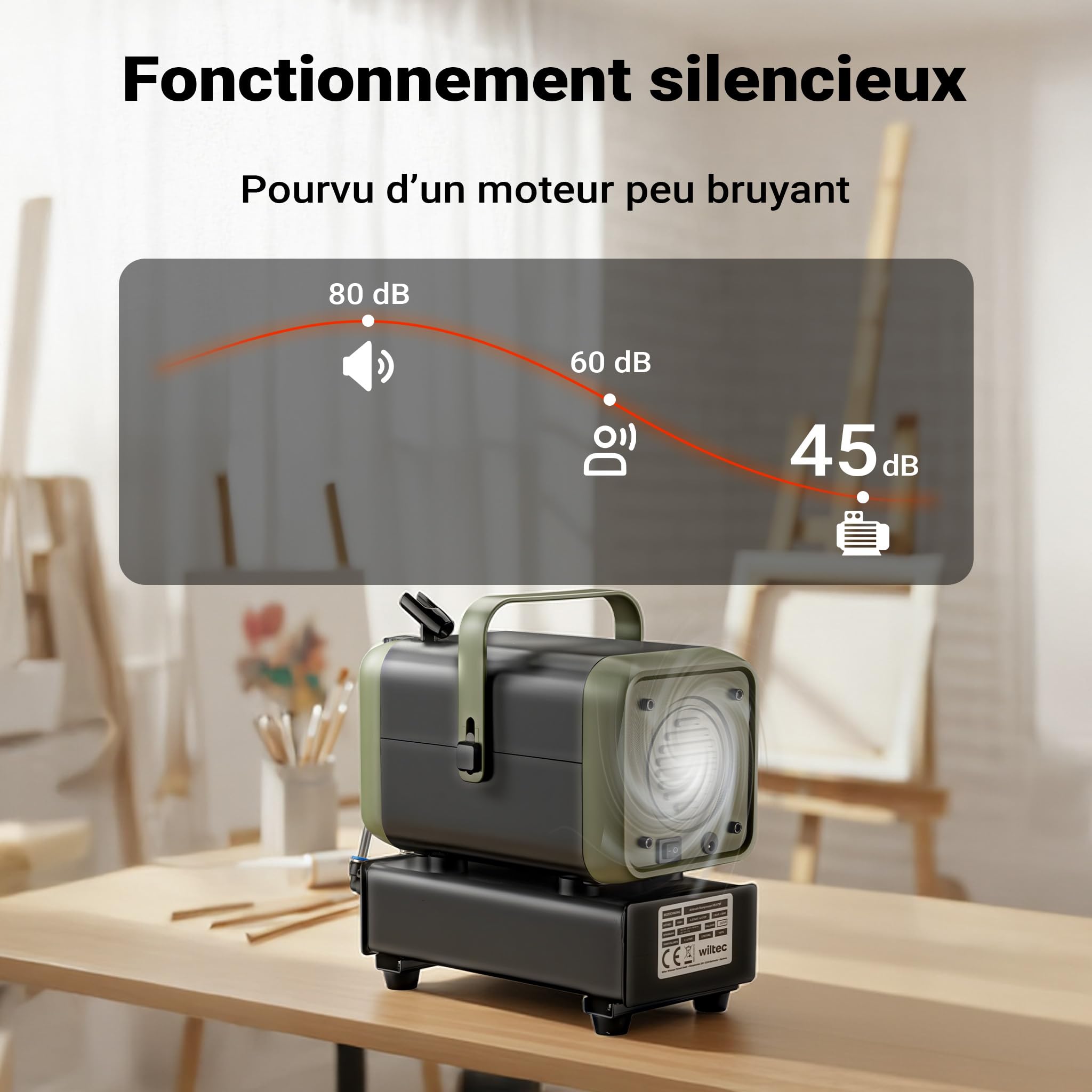 Wiltec Compresseur Airbrush HS-679F 1/6 CV, compresseur à air comprimé 28 l/min d'alimentation, compresseur pour pistolet aérographe avec support, compresseur d'air avec manomètre pour aérographie