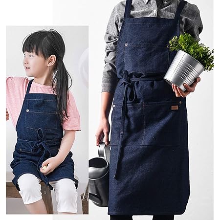 Amazon エプロン 女性用 子供用 デニム お揃い親子セット レディース 首掛け X型 子供 大人 カフェ ガーデニング キッズ ディープブルー エプロン オンライン通販