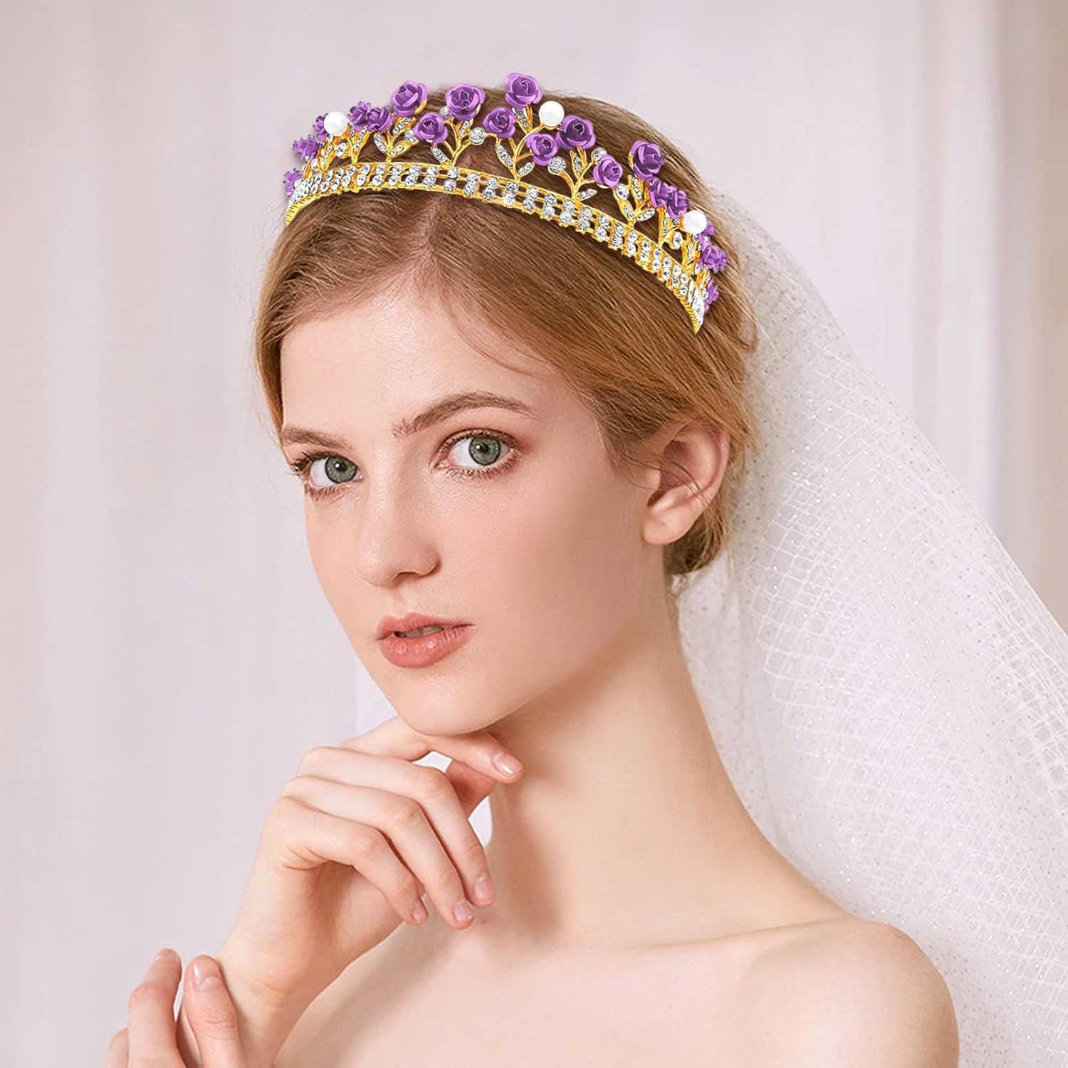 Aswewamt Purple Rose Tiaras Bridal Wedding Queen Crowns Gold Flower Baroque Princess Crown Pearls Crystal Gold Headbands Rose Flower Jewelry for Women Girls - Image 5