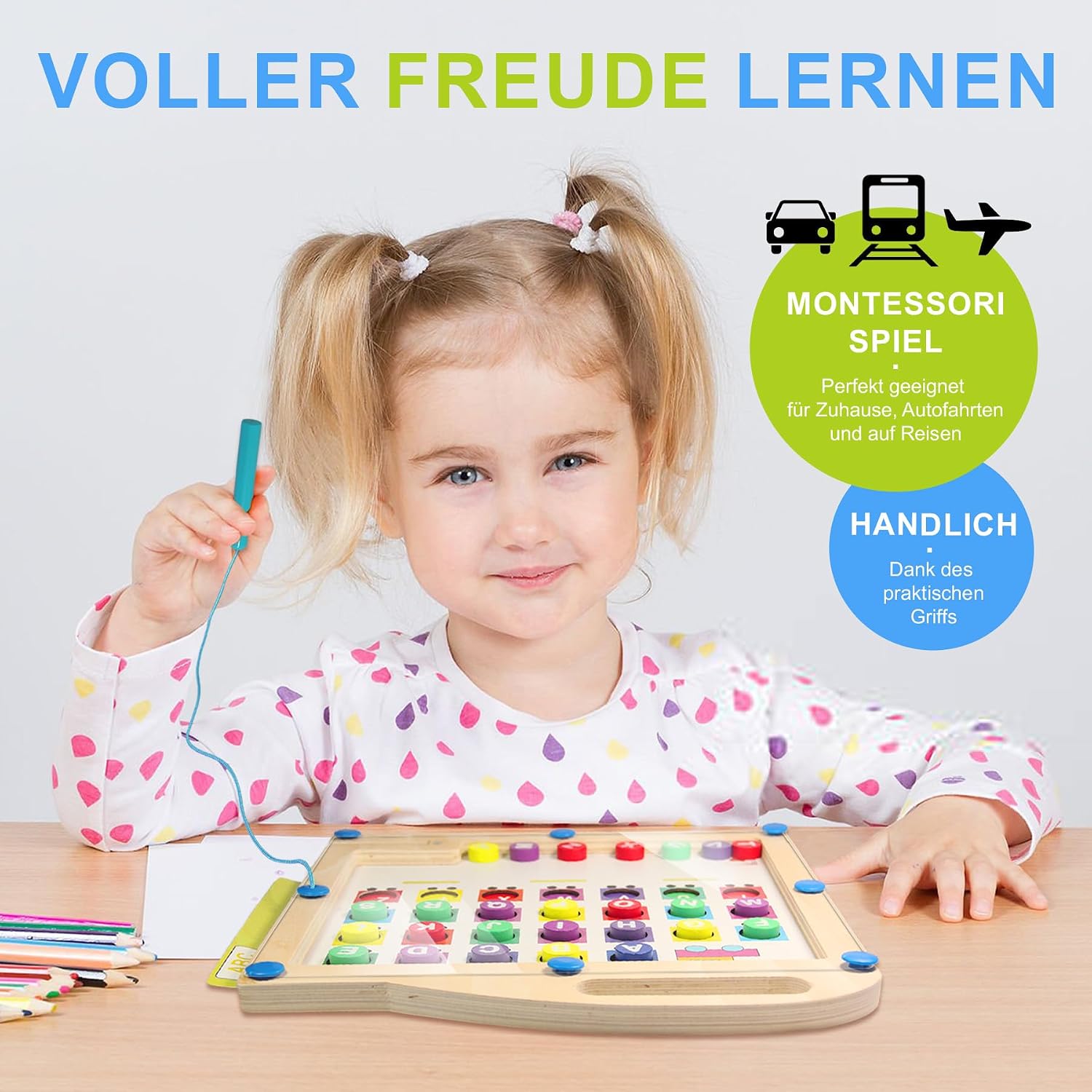 Magnetisches Alphabet Labyrinth 3‑in‑1 Montessori Lernspiel – Holz, austauschbare Themenkarten (ABC, Tiere, Essen)