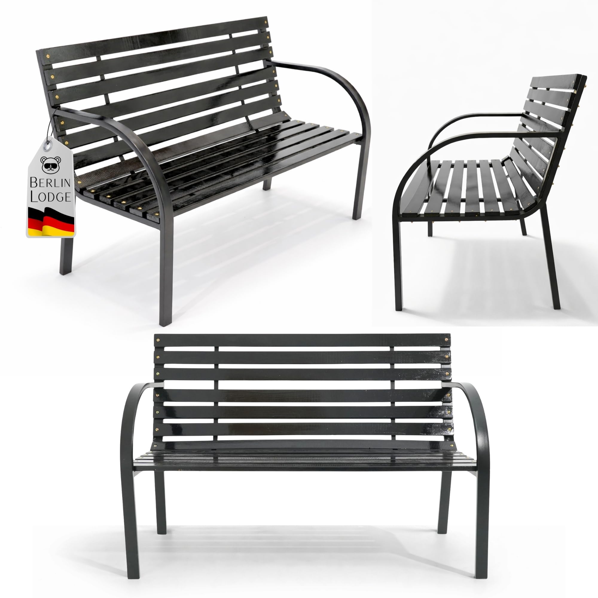 Berlinlodge Gartenbank Santorini Holz & Metall 2-Sitzer, wetterfest, rustikal & massiv, 82 x 120 x 58 cm, Schwarz, Balkonbank, Holzbank, Wintergarten Gartenmöbel, Sitzbank, Garten Balkon & Terrasse