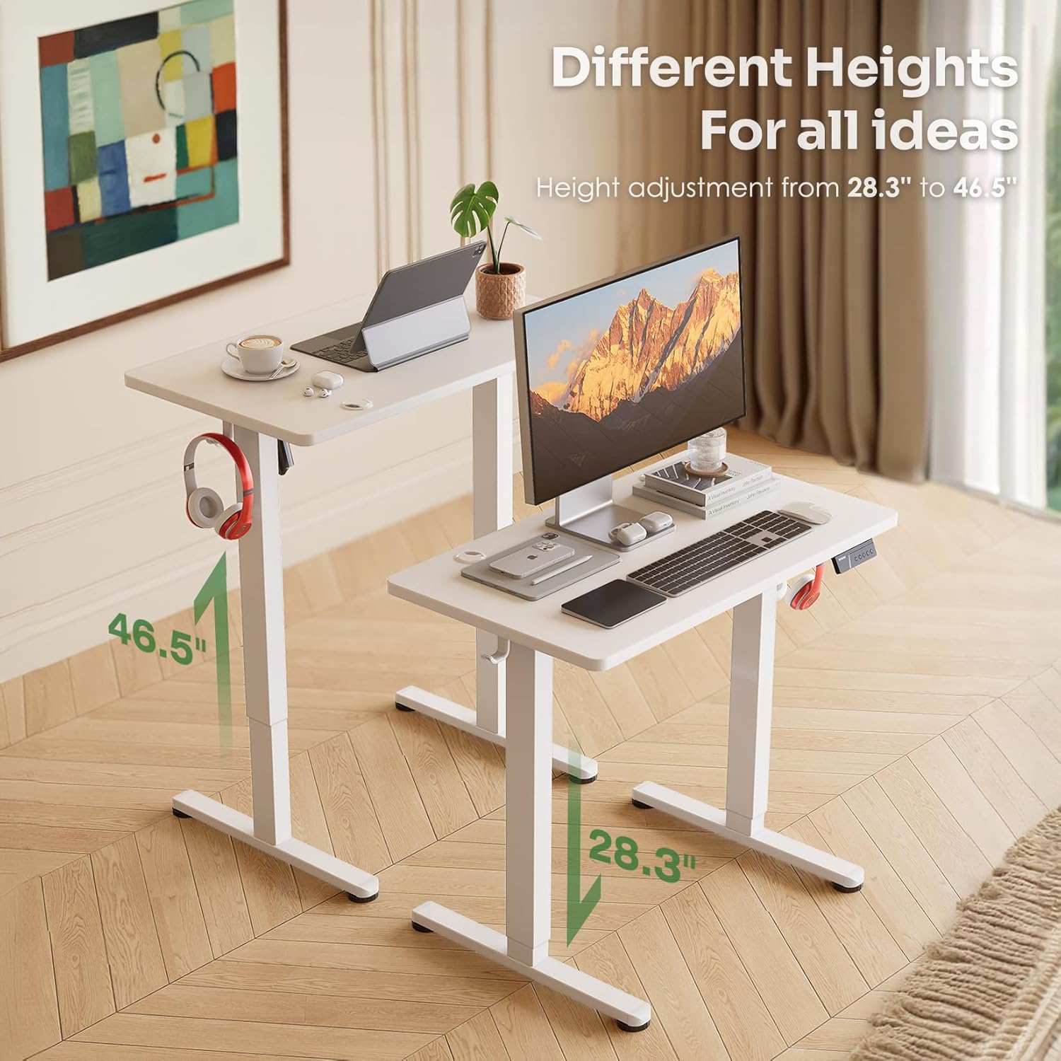 Monomi Small Electric Standing Desk, 35" x 20" Whole Piece Height Adjustable with Memory Controller, White Sit to Stand Desk Workstation for Home Office