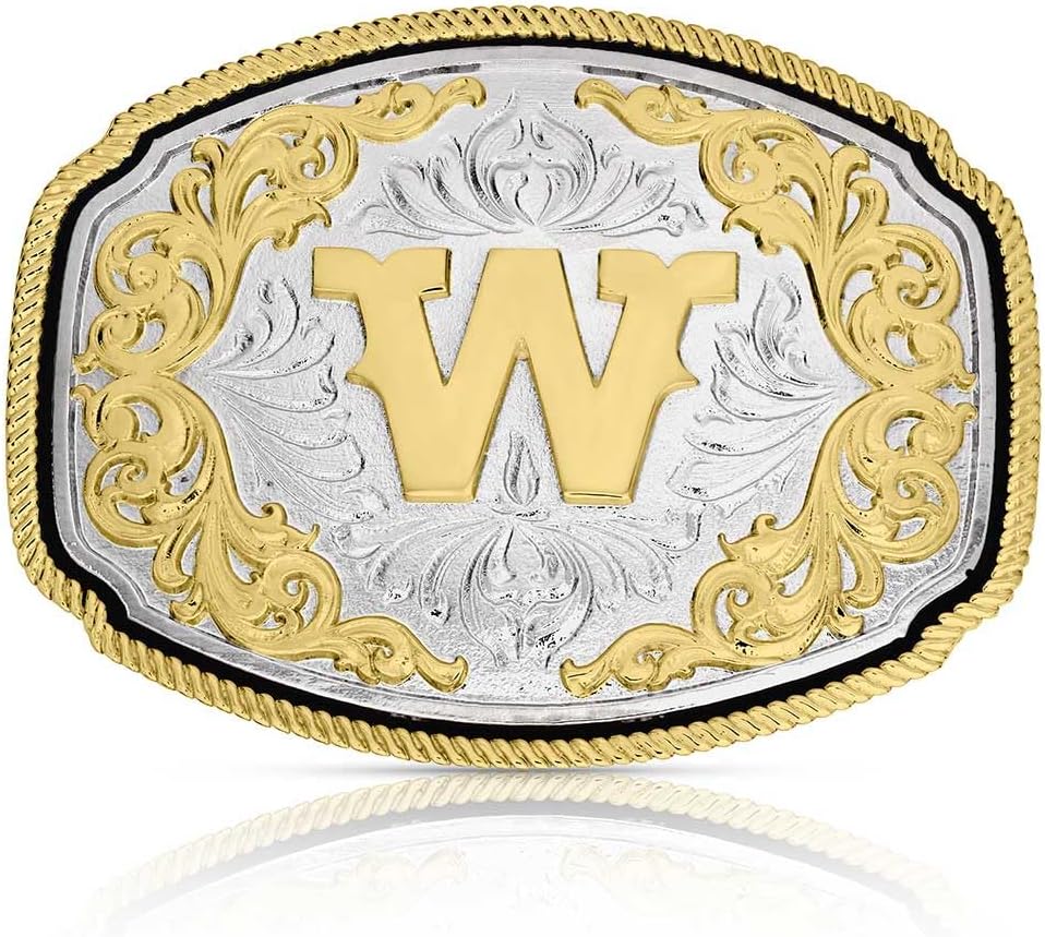 Montana Silversmiths Engraved Filigree Silver and Gold Tone Initial Rope Border Western Belt Buckle