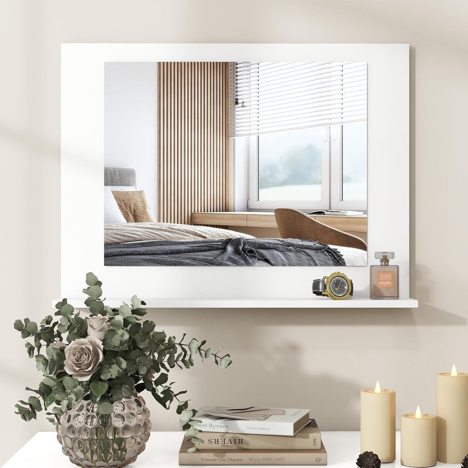 LOKO Bathroom Mirror with Shelf, 23.5" x 17.5" Rectangle Vanity Mirror with Exquisite Frame, Expansion Screws, Wall Mounted Horizontal Hanging Mirror for Entryway, Living Room (White)