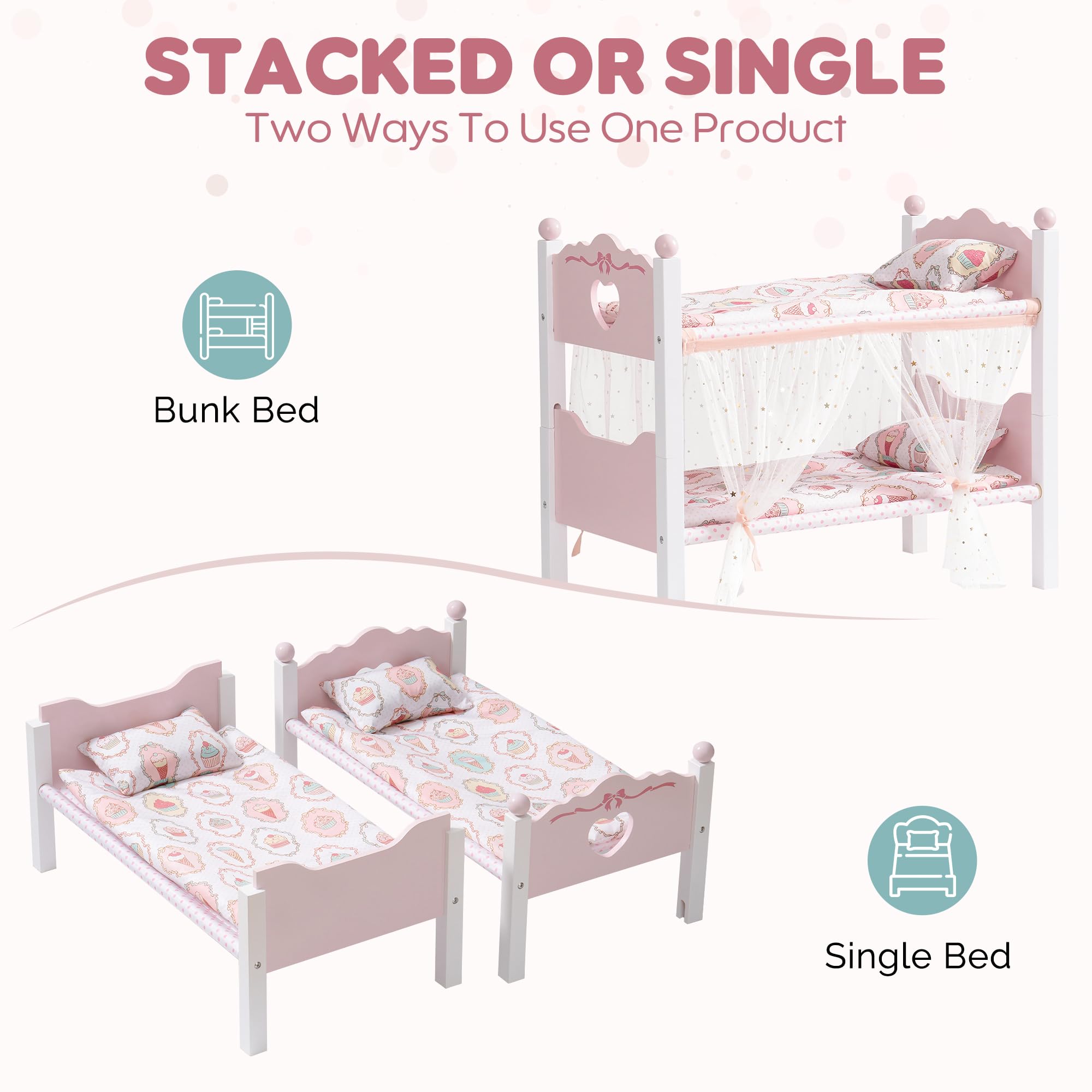Literas de muñeca de bebé, cuna de madera para muñecas con cortina estrellada, cuna de juguete apilable para muñecas de 18 pulgadas, juego de cama para muñecas con accesorios de cama, para 5