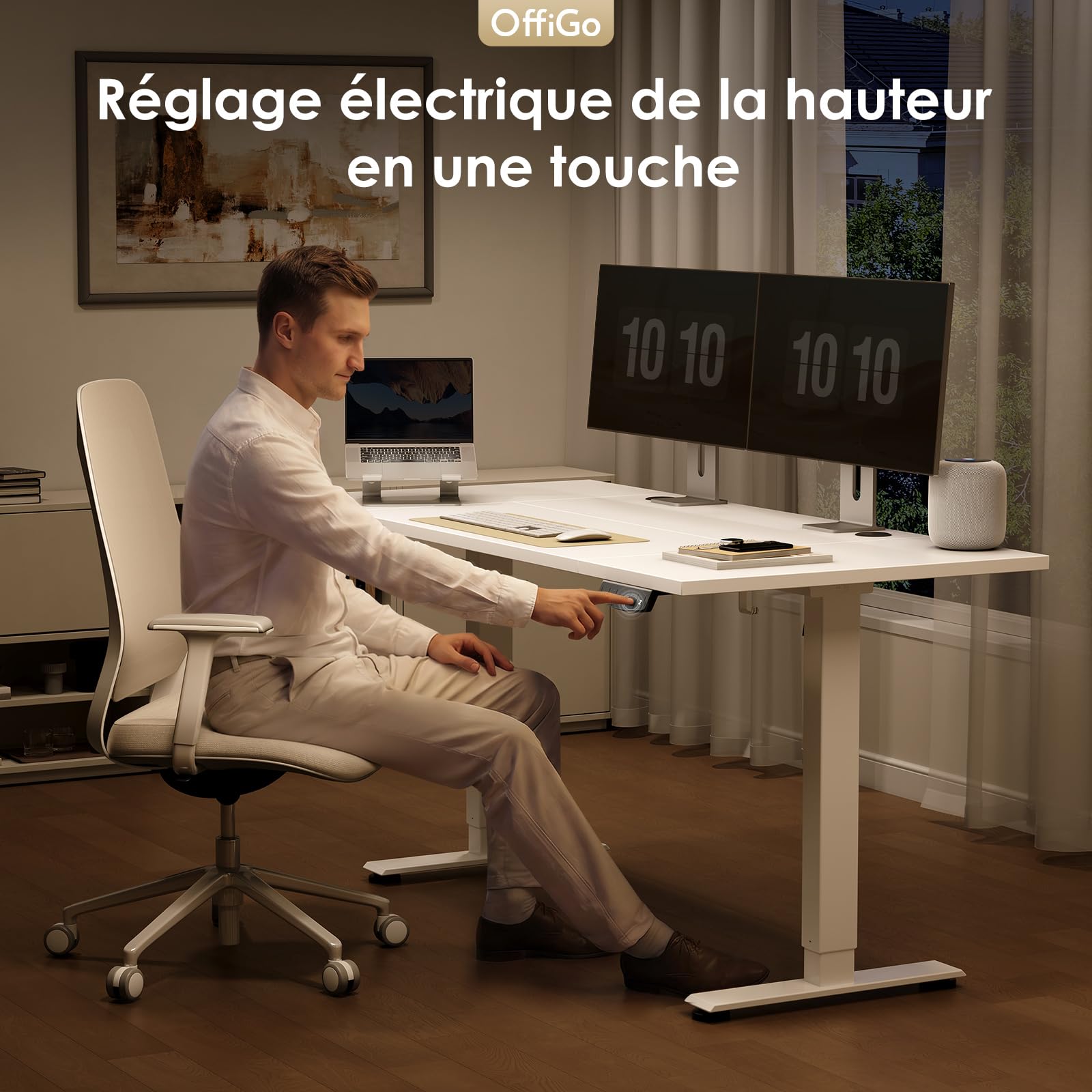 OffiGo Bureau Assis Debout électrique 140cm, Table Ergonomique avec 3 Fonctions Mémoire, Standing Desk Blanc