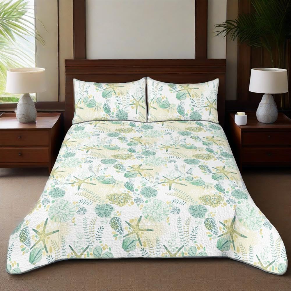 QINU KEONU Coastal Summer Nautical Beach Quilt Set King 3 Pcs Green Starfish Shell Lightweight Microfiber Reversible Bedspread Comforter with 2 Pillow Shams for All Season (Green, King)