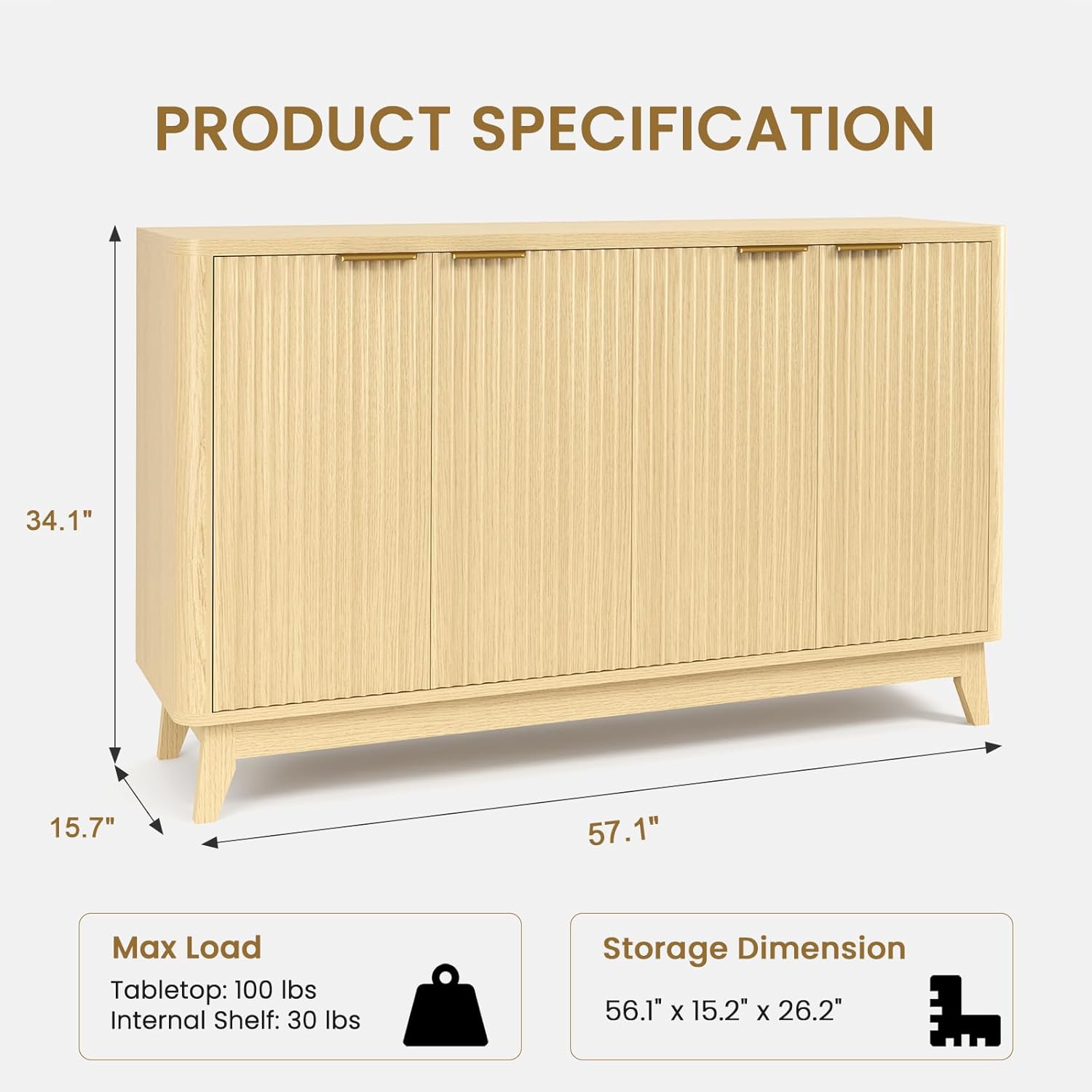 HAOOU 57" Fluted Sideboard Buffet Cabinet with Aesthetic Curved Profile, 4-Door Credenza Storage Cabinet Entryway Console Table Accent Coffee Bar with Ample Storage, Adjustable Shelves - Natural Oak
