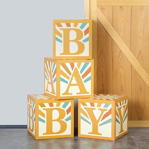 Miniatura 4 de Here Comes The Son Baby Shower Decoraciones Niños Boho Baby Boxes- 4 piezas Retro Sun Baby Blocks Here Comes The Son Party Supplies