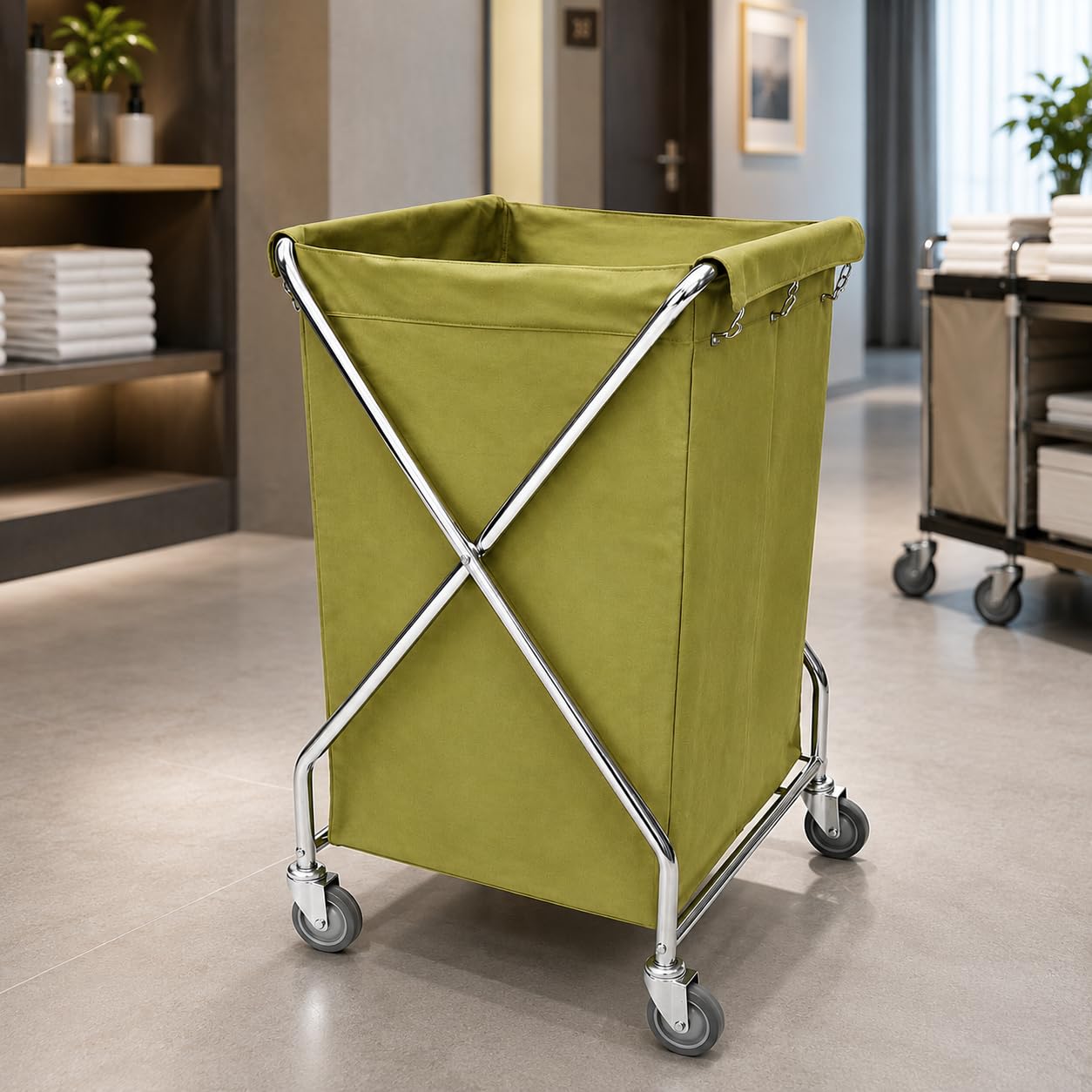 Carro de Ropa Plegable Profesional 200L – Estructura de Hierro Cromado con Bolsa Lavable – Carro Lavandería con Ruedas – Uso en Hoteles, Hospitales y Colectividades – Verde