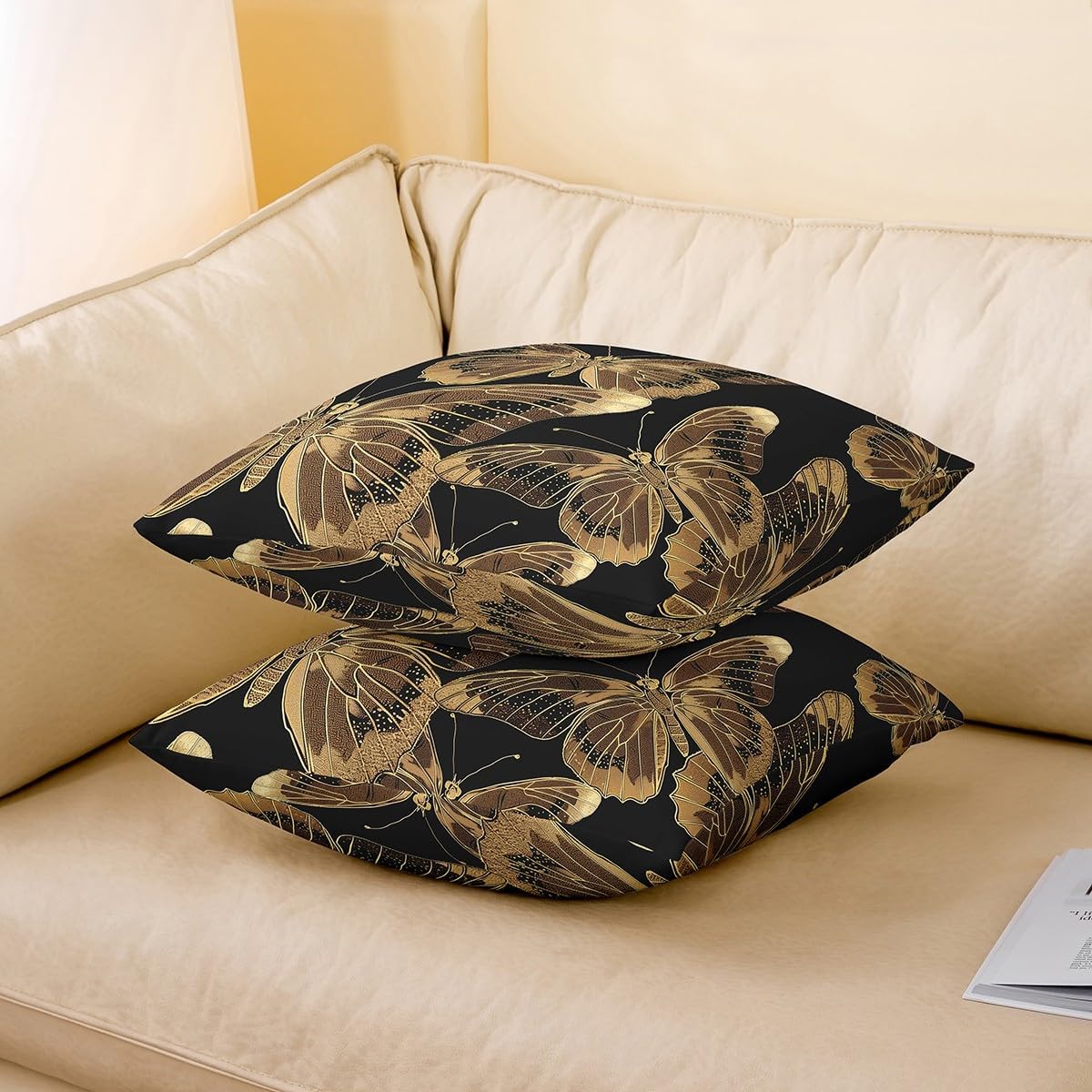 Erosebridal Butterfly Decorative Pillow Cover,Retro Golden Butterflies Pillow Cover for Sofa Couch,Exotic Boho Butterfly Throw Pillow Cover,Vintage Aesthetics Cushion Cover 24x24 Inch