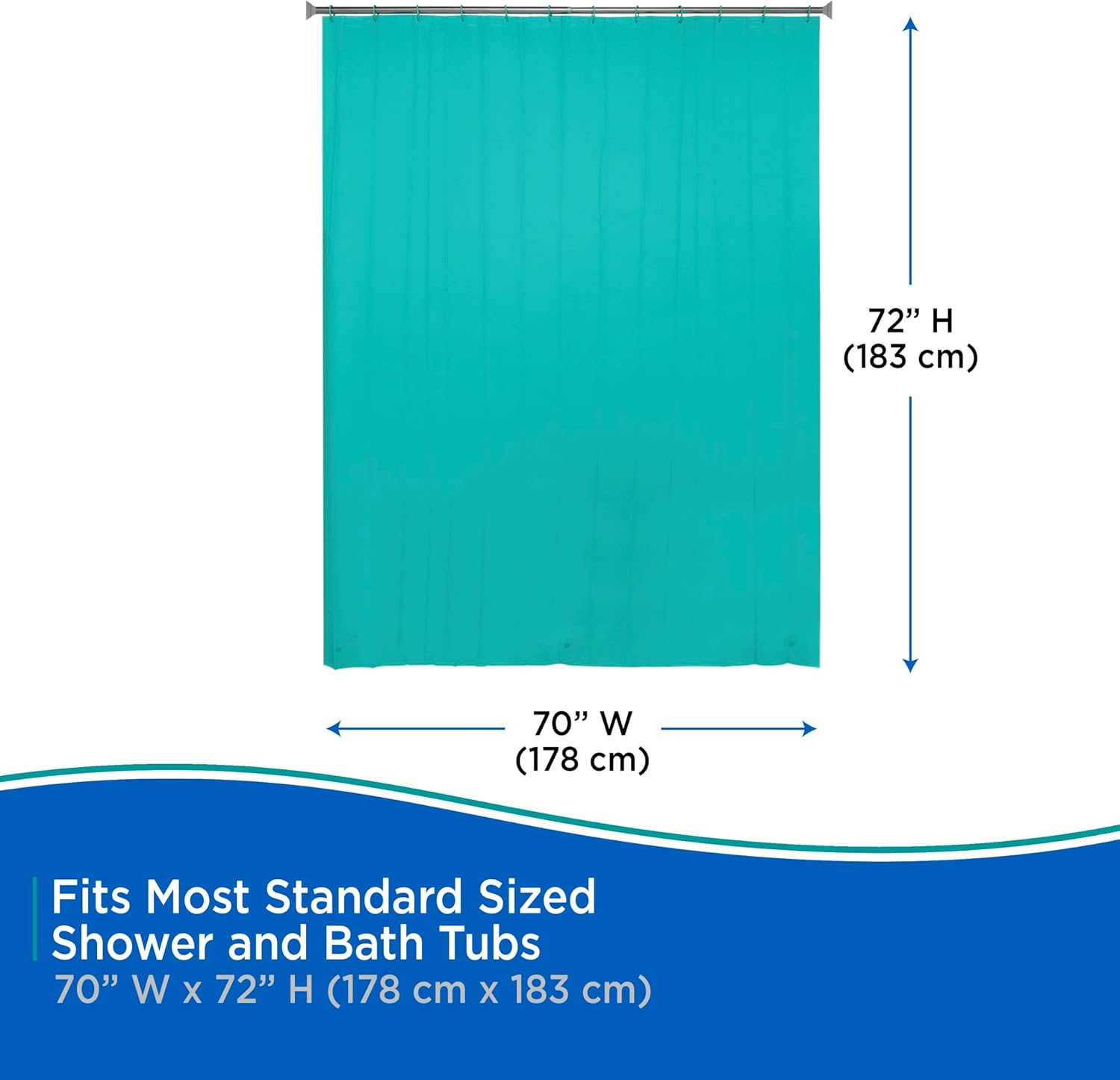 Kenney KN61748 Lightweight 3 Gauge Waterproof PEVA Shower Curtain Liner with Durable Eyelet Hang Holes, Weighted Magnetic Hem, and 12 Piece Plastic C-Ring Set for Bathroom, 70" W x 72" H, Turquoise