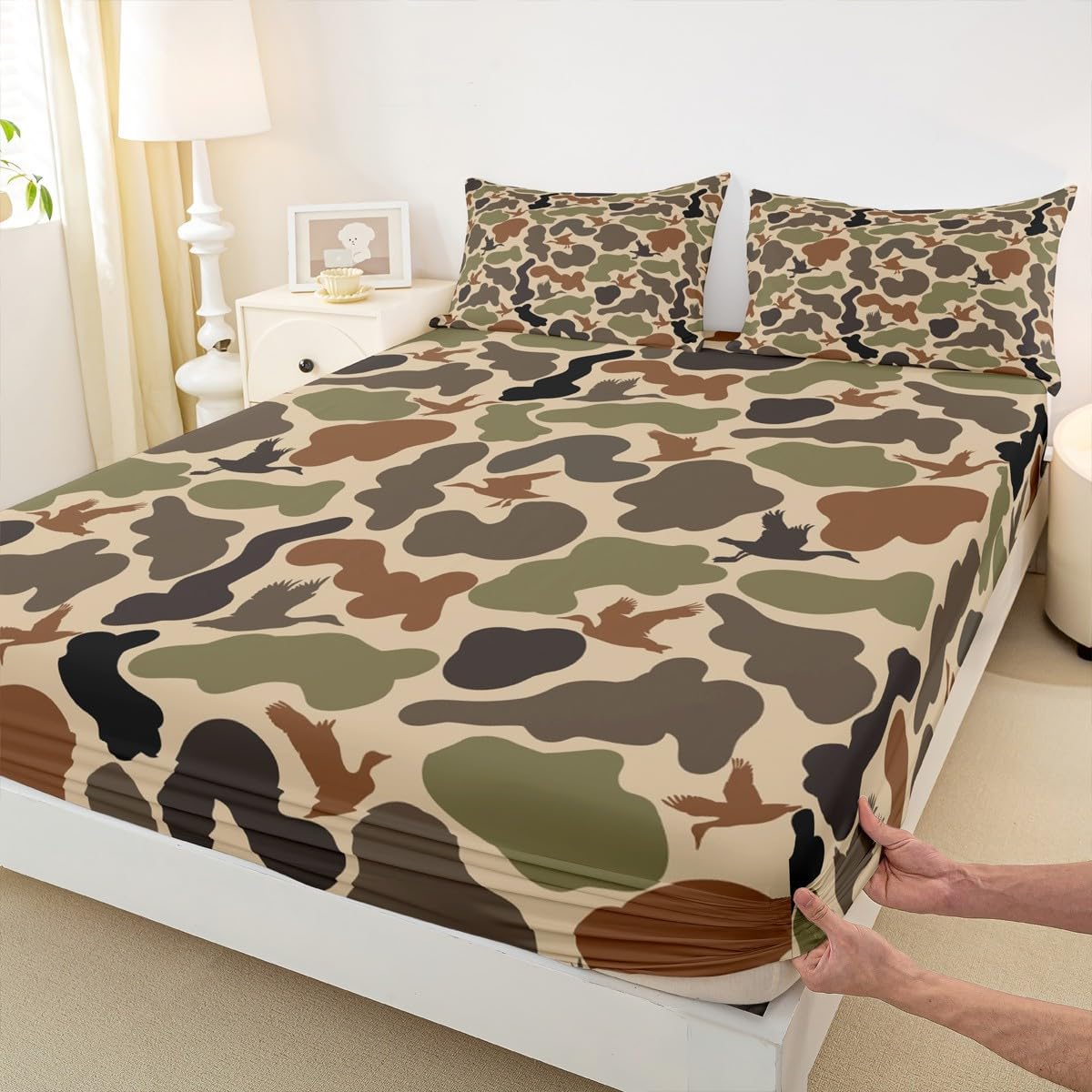 Army Green Camo Fitted Sheet Twin Size,Duck Silhouette Bed Cover for Kids Teens Men Adult Room Decor,Hunting Camouflage Brown Bedding Set 2Pcs,Hunt Wild Animals Deep Pocket Sheet,1 Pillowcase