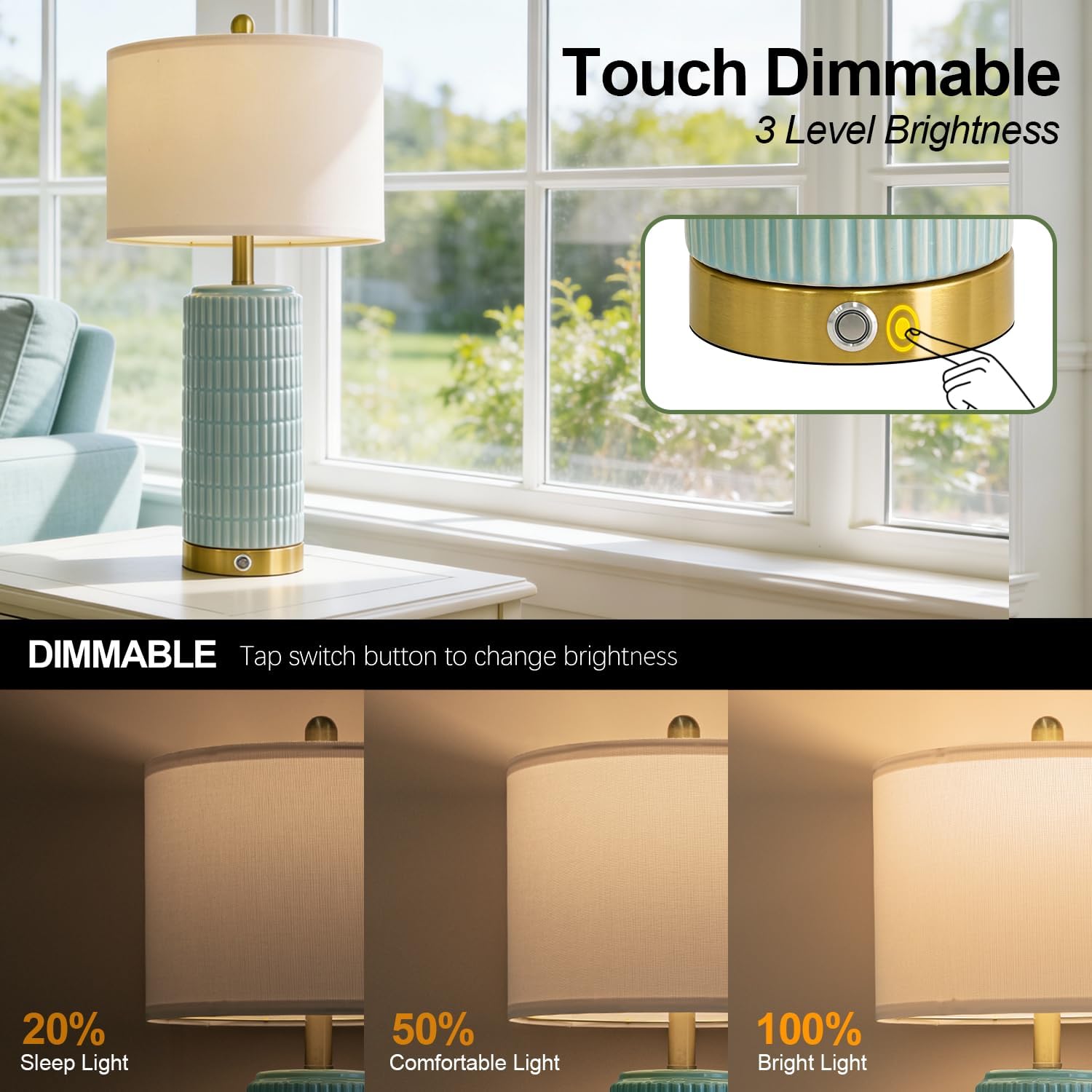 PoKat 25'' Bedside Table Lamps Set of 2 for Living Room, 3-Way Dimmable Touch Lamps for Bedroom, Modern Lamps for Nightstand with USB Ports, Coastal Blue Lamp for Office Sideboard (Bulbs Included)