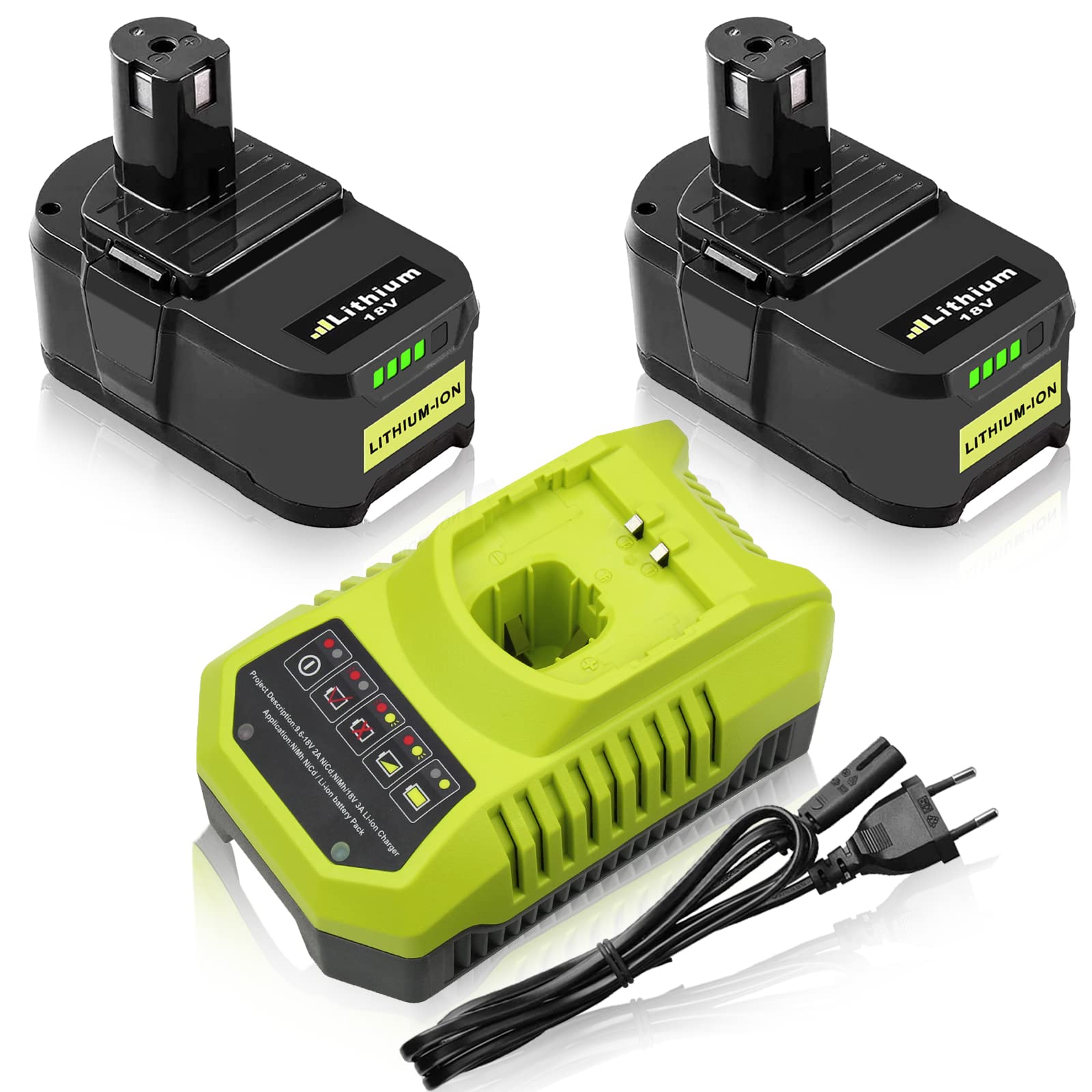 2 Unidades P108 de Repuesto para Ryobi batería 18V 5.5Ah+ 9,6V-18V 3 A Cargador para Ryobi Cargador BCL14181H de Iones de Litio y batería NI-MH para P106 P107 P105 P108 P100 P102 P103