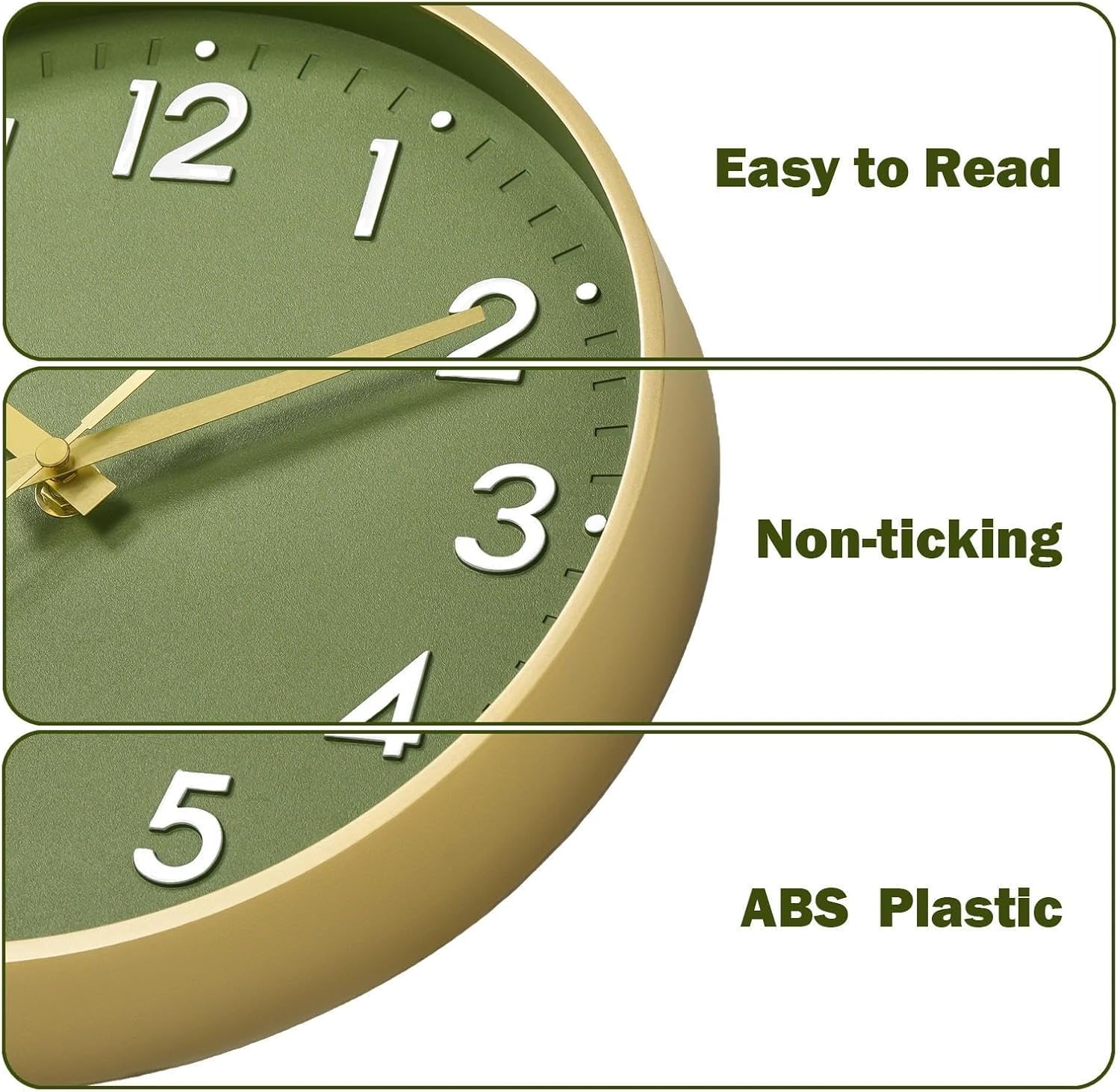 Mosewa Wall Clock 14 Inch, Battery Operated Non-Ticking Modern Analog Clock Decorative for Kitchen, Bedroom, Office, Home(Olive Green and Gold)