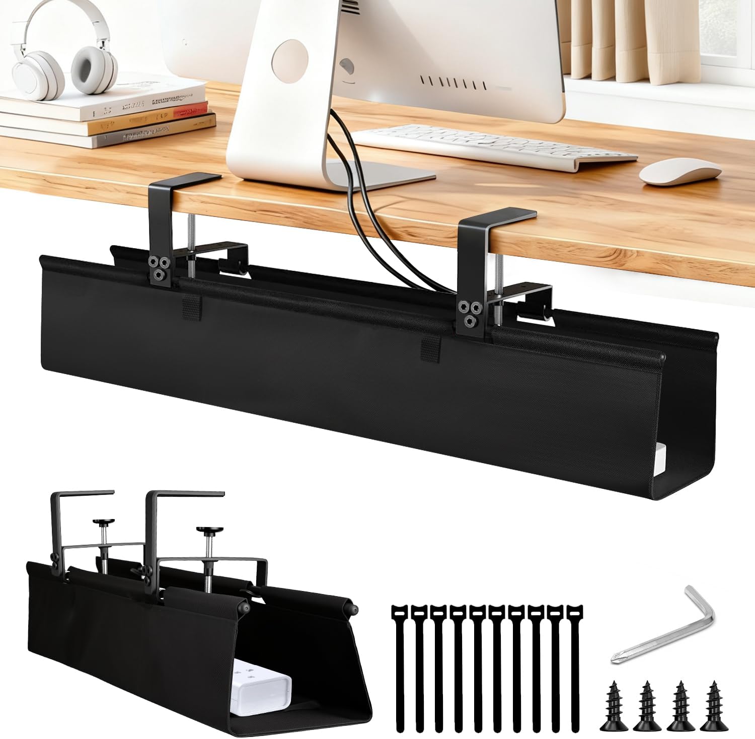 Under Desk Cable Management Tray, 36-Inch Heavy Duty No-Drill Clamp & Screw Mount Cord Organizer, Holds Power Strip & Large Adapters for Home Office, Gaming Desk, Study Room