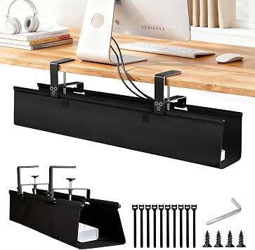 Under Desk Cable Management Tray - Heavy Duty No-Drill Clamp & Screw Mount, 28-Inch Cord Organizer for Home Office, Gaming Setup & Study Room, Holds Power Strip & Large Adapters Black, 28"L x 5.5"W