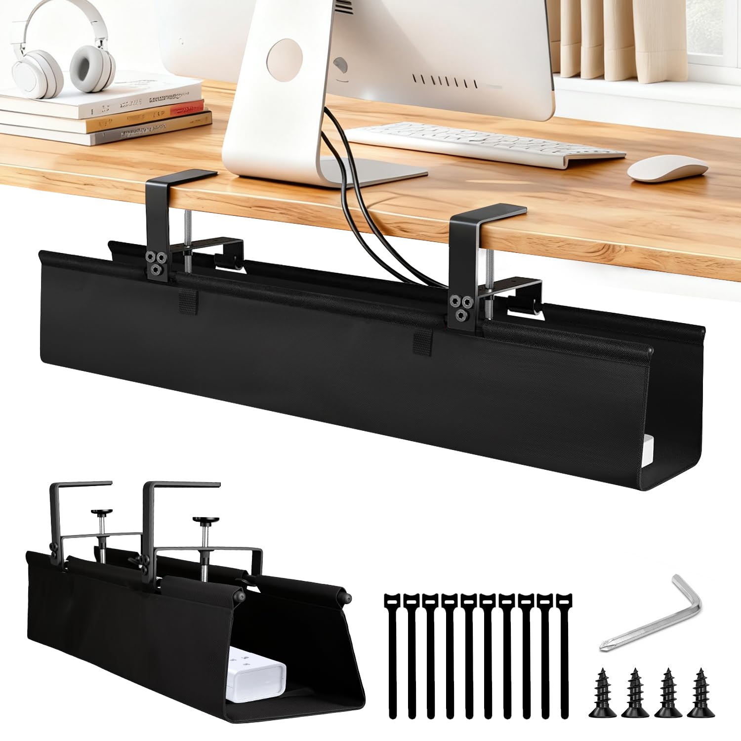 Under Desk Cable Management Tray, 36-Inch Heavy Duty No-Drill Clamp & Screw Mount Cord Organizer, Holds Power Strip & Large Adapters for Home Office, Gaming Desk, Study Room