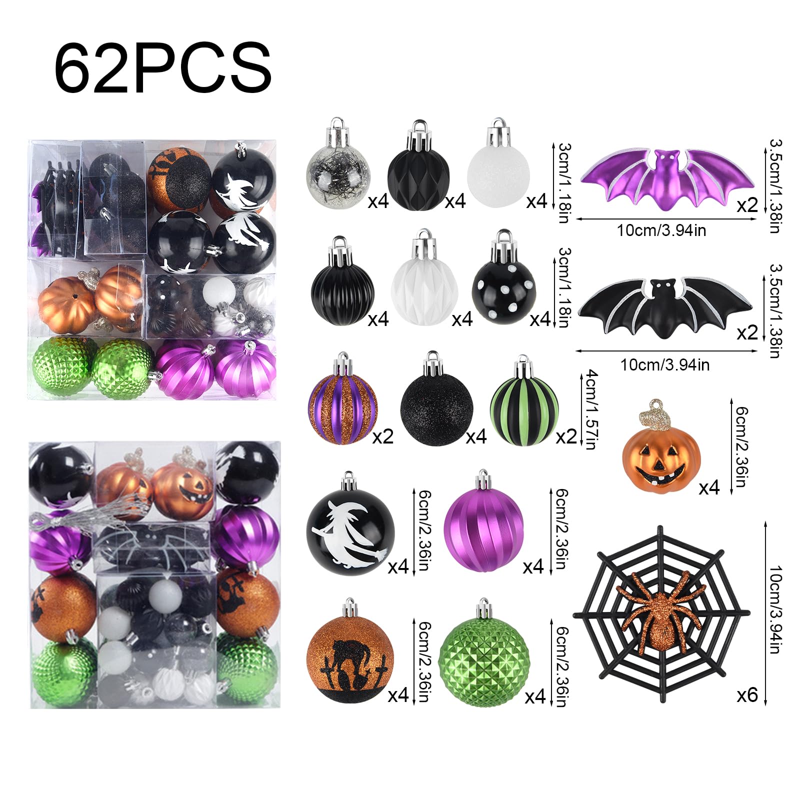 Condition photo showing Brand New for 62Pcs Halloween Hanging Ball Ornaments, Ornaments Tree Decorations, Plastic Balls for Holiday Party Indoor Home Decor (62Pack)