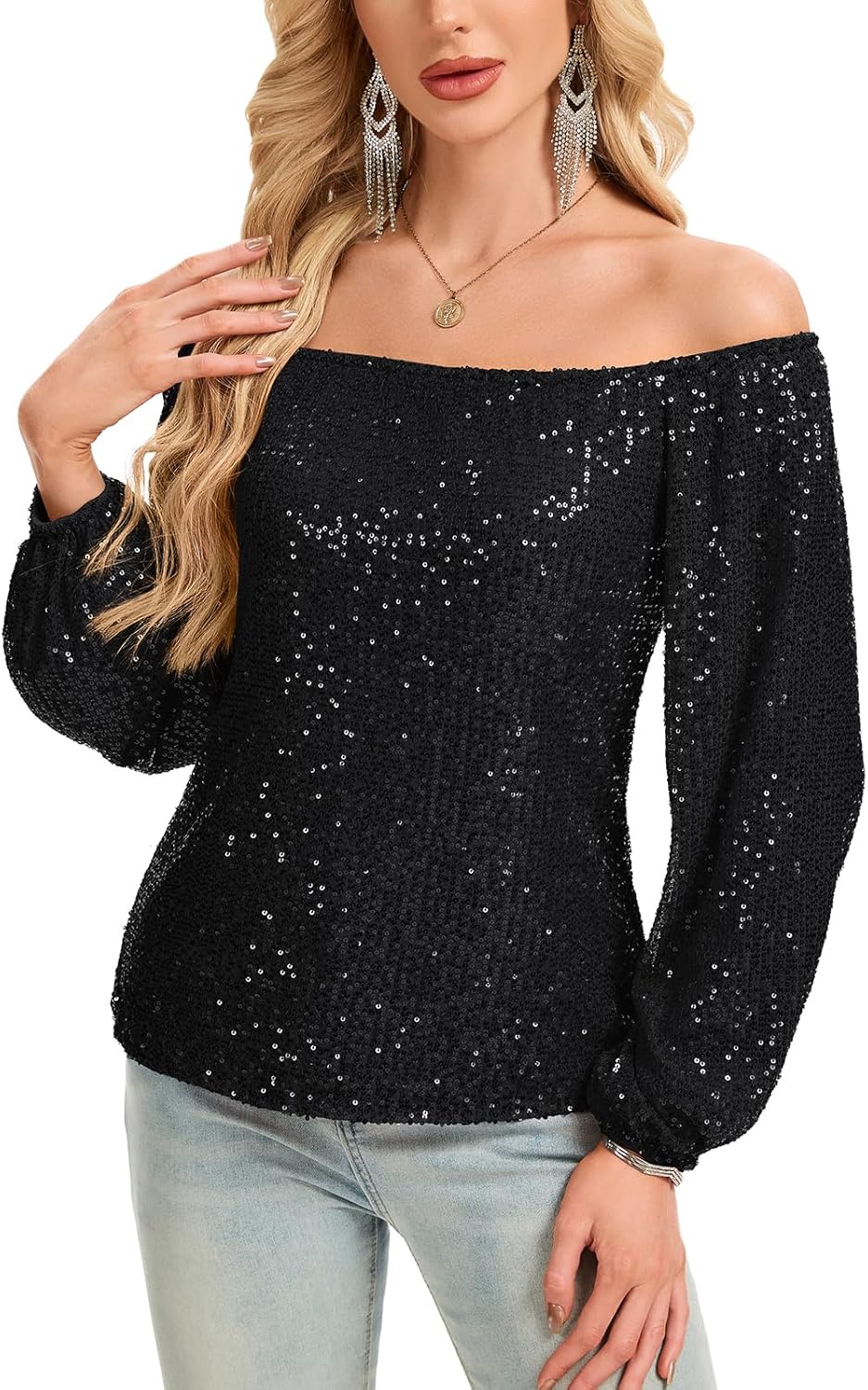 Women's Off The Shoulder Sequin Tops Long Sleeve Glitter Sparkly Dressy Blouses Club Party Top - Image 5