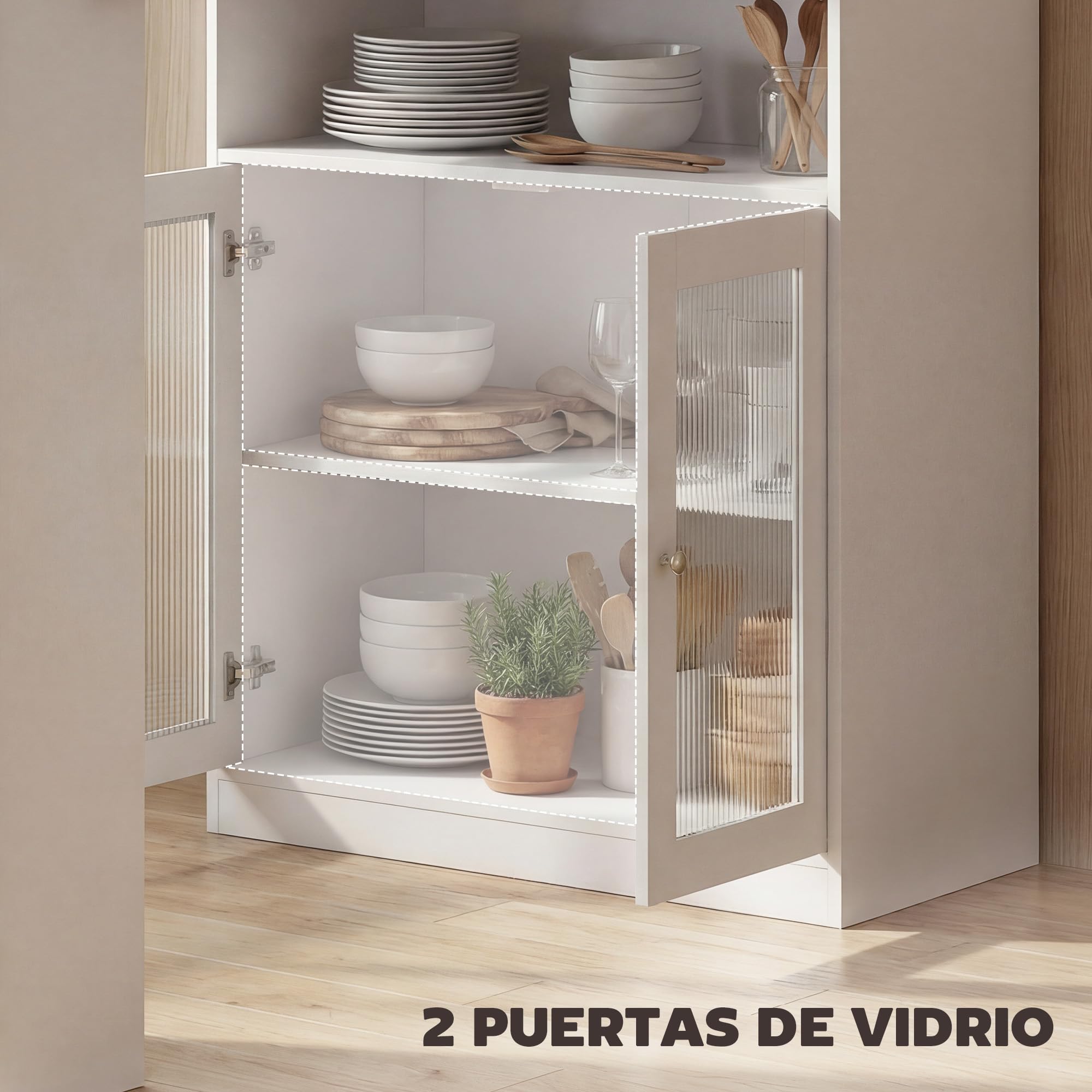 HOMCOM Mesa de Bar Extensible y Giratoria 90°, Mesa Alta Cocina con Estantes Abiertos y 2 Puertas de Vidrio para Comedor, 150x80x105,5 cm, Blanco y Natural