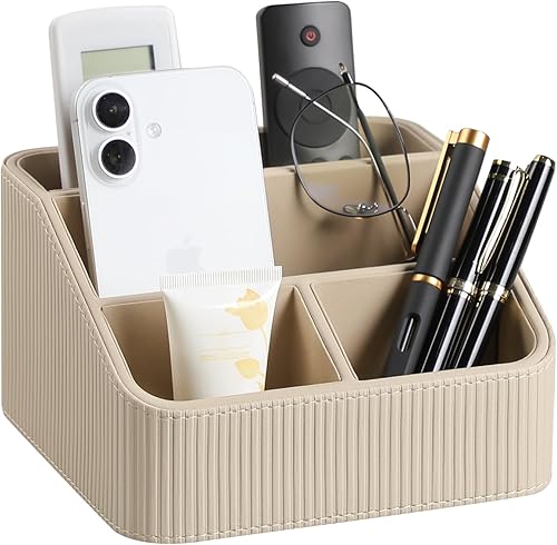 Soporte para control remoto con 4 compartimentos, organizador de mesita de noche pequeña de piel sintética para accesorios de escritorio en el
