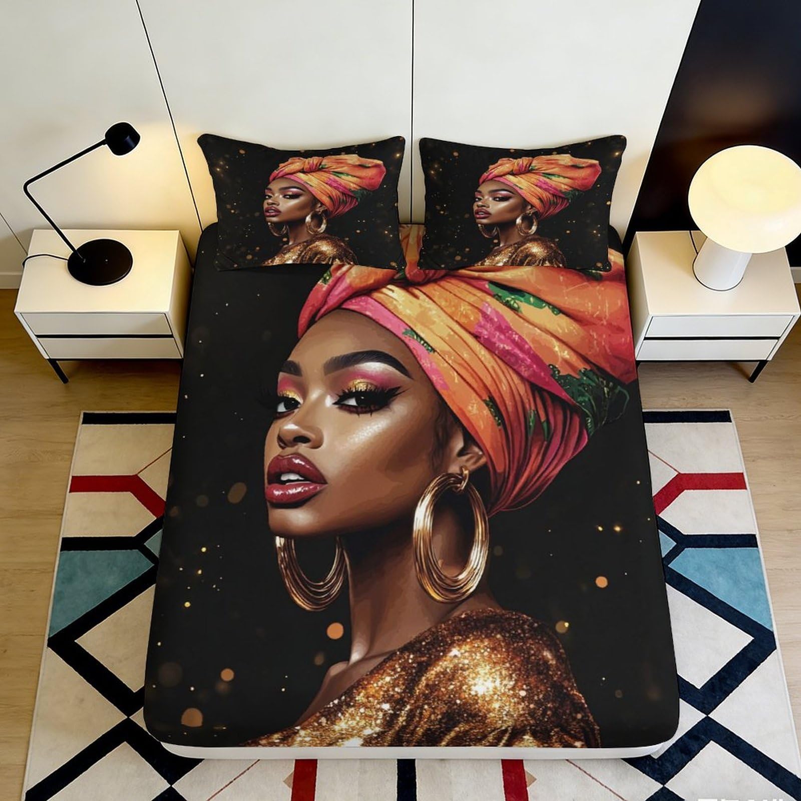 3D Printed African Woman Headwrap Fitted Sheet Microfiber Soft Breathable Golden Glitter Bed Cover for Bedroom Dormitory Guest Room Mattress Protection 200x200x25cm