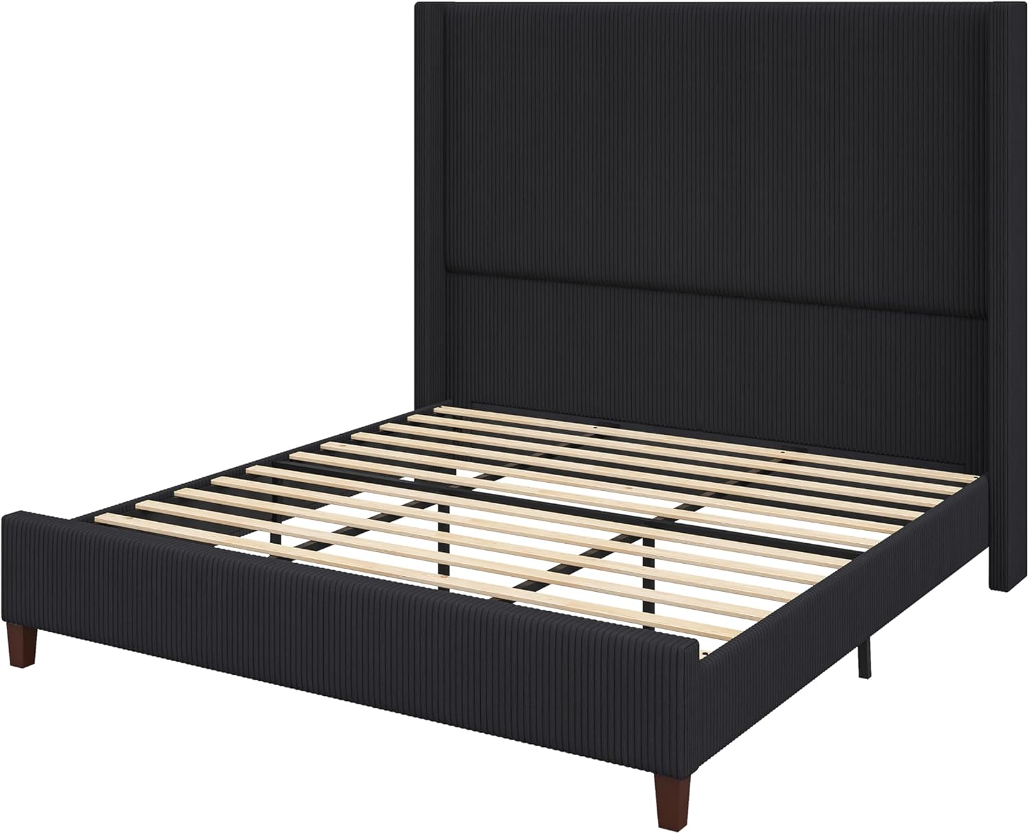 AMERLIFE King Size 62" Corduroy Upholstered Bed Frame, Luxurious Platform Bed with Extra Tall Wingback Headboard and Vertical Stripe, No Box Spring Needed/Solid Wood Slats & Legs/Black