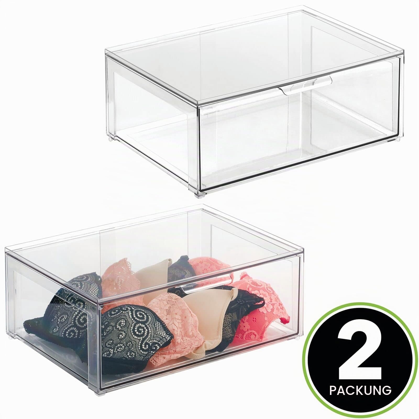 mDesign große Aufbewahrungsbox mit Schublade – stabile Schubladenbox aus Kunststoff zur Schuhaufbewahrung – Stapelbox für Schuhe, Accessoires und mehr – 2er-Set – durchsichtig