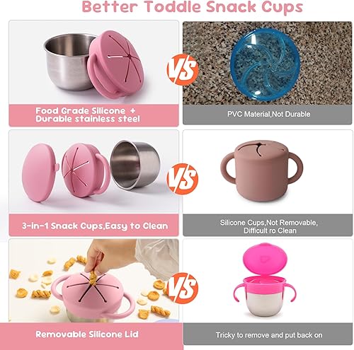 Miniatura 3 de Paquete de 2 recipientes de aperitivos para niños pequeños, vasos de aperitivos de acero inoxidable con atrapador de alimentos y tapas de silicona,