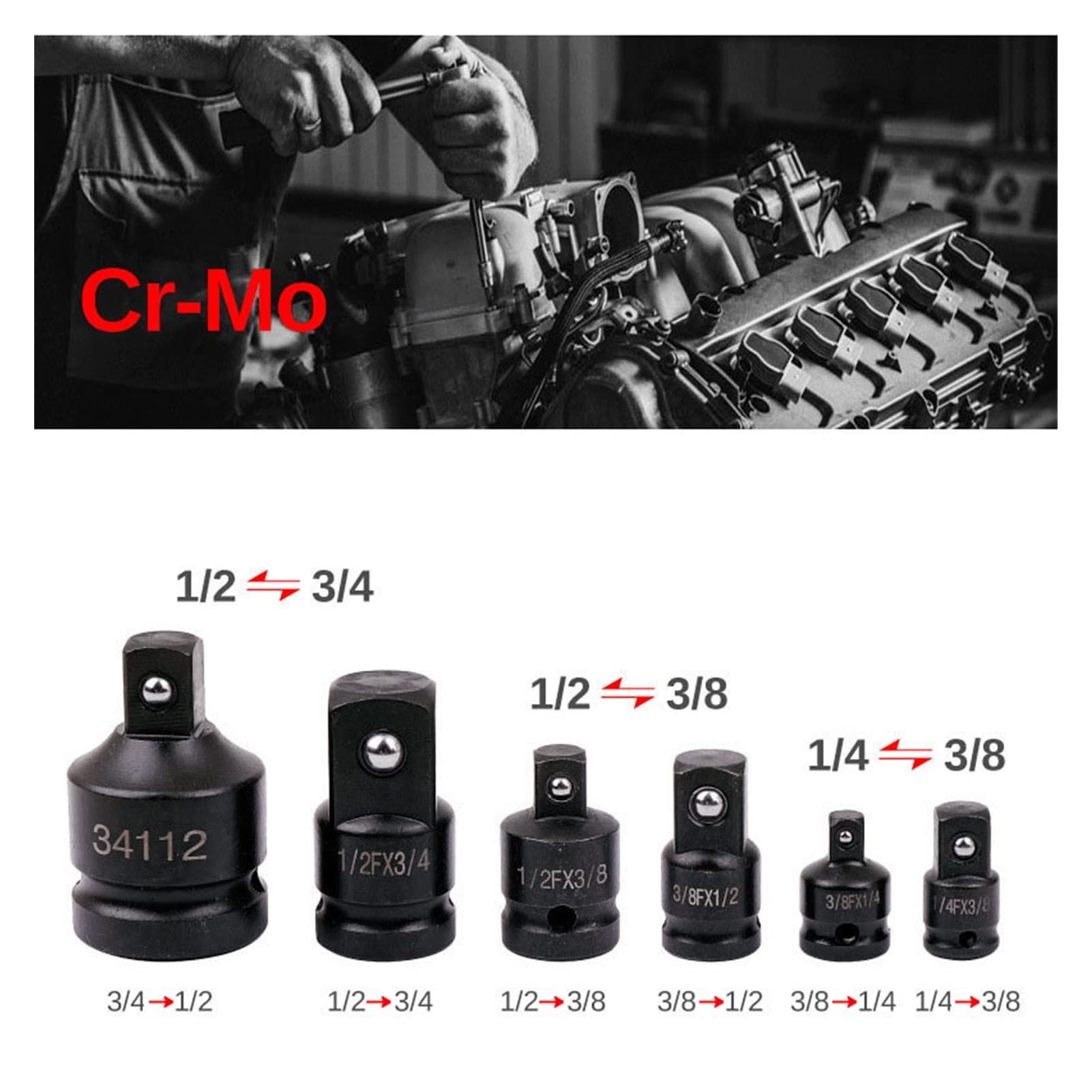 6 szt. kluczy nasadowych 1/4 1/2 3/8 3/4, adapter nasadki udarowej, adapter redukcyjny, zestaw narzędzi do naprawy samochodów z grzechotką i uchwytem wiertarskim