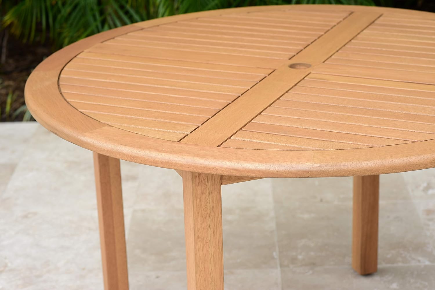 Amazonia Navona 5 Piece Round Eucalyptus Dining Set | Teak Finish Table and Quick-Dry Stackable Black Sling Chairs