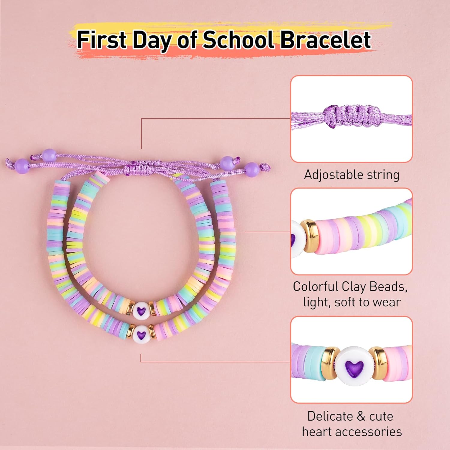 First Day of School Mommy and Me Matching Bracelet Set kindergarden Pre-K Back to School Gifts Adjustable Heart Clay Bead Jewelry for Mother Daughter Dad Son image 4