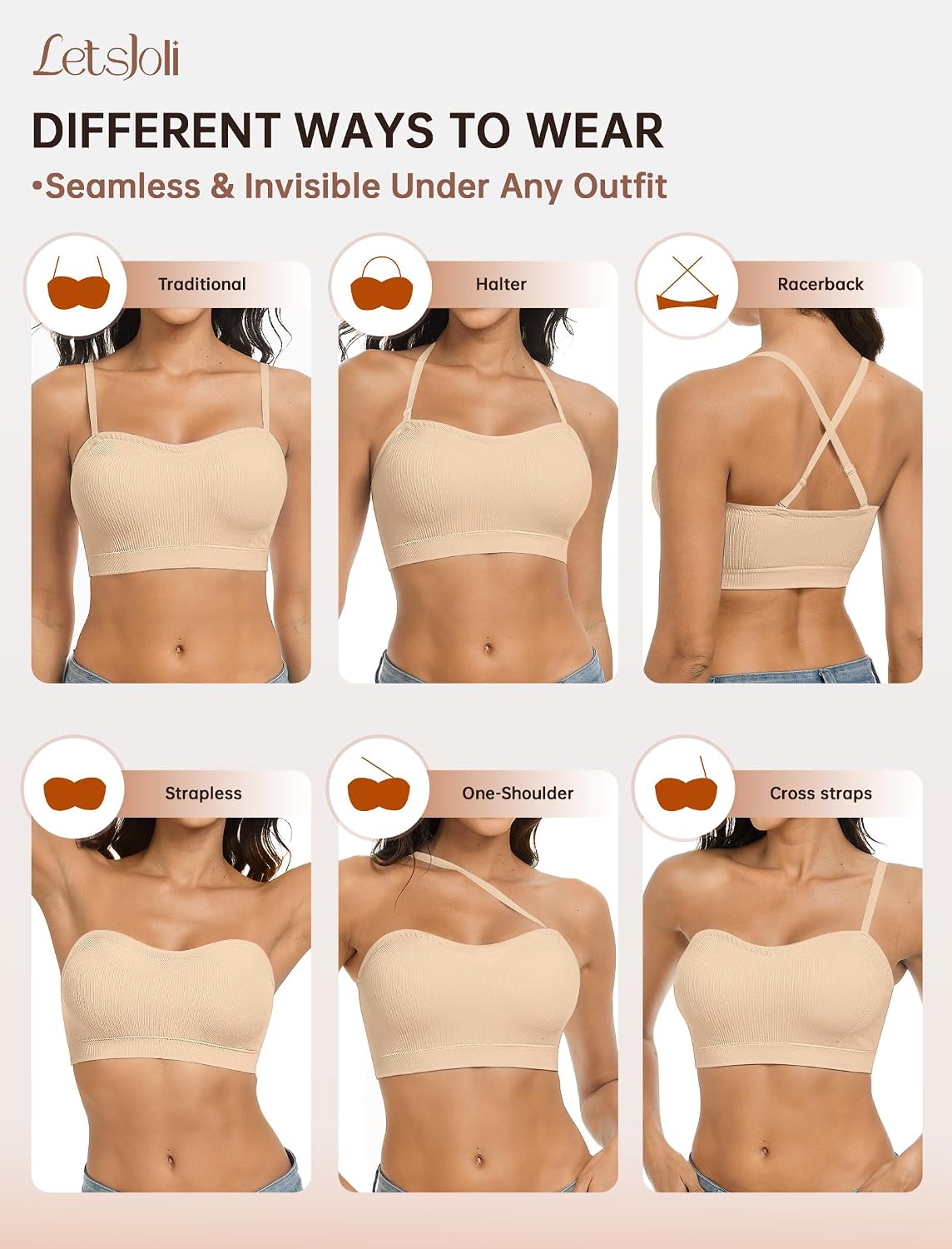 LetsJoli Push Up Strapless Bras for Women Supportive Bandeau Bra Non Slip Wireless No Underwire Padded Tube Bra thumbnail