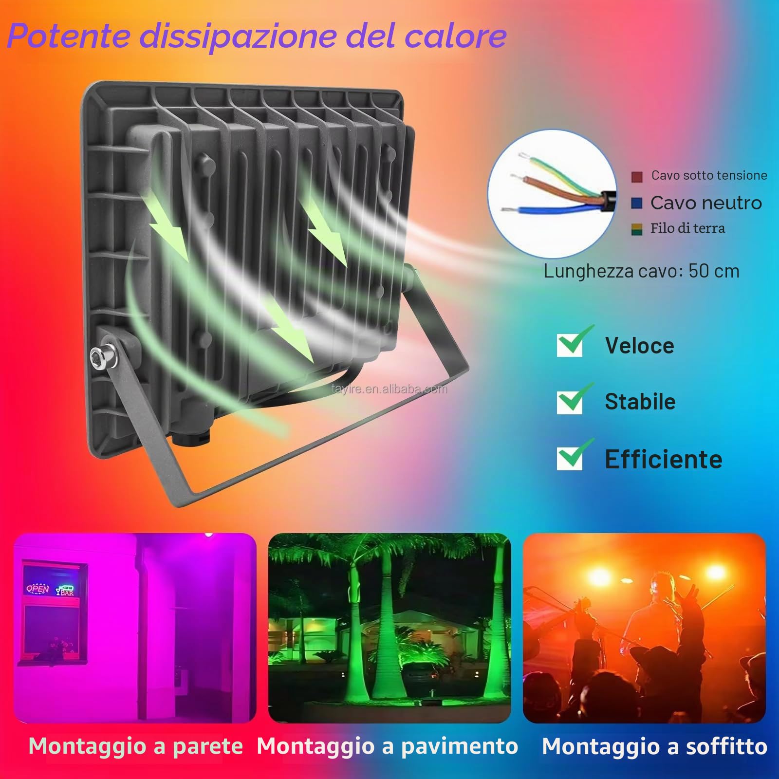 Faretto LED RGB Esterno 50W,Smart Faretti RGBCW Faro LED Cambia Colore/Controllo APP/Dimmerabile/Timer/Sinc Music/IP66 Impermeabile Proiettore Lampada Esterno Per Natale,Halloween,Disco,Festa