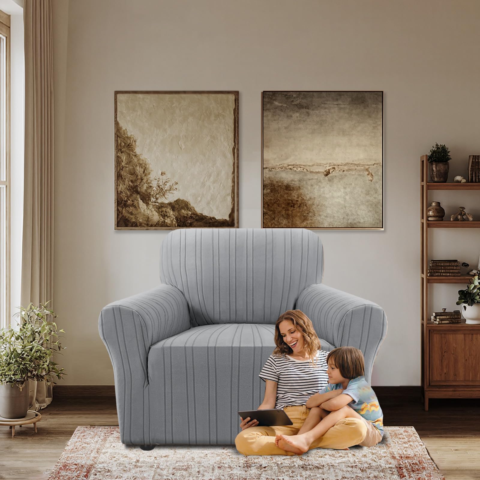 BellaHills High Stretch Armchair Covers Super Soft Chair Covers for Living Room Non Slip Sofa Cover with Elastic Bottom Couch Covers Washable Jacquard Fabric Stripe Design (1 Seater - Image 3