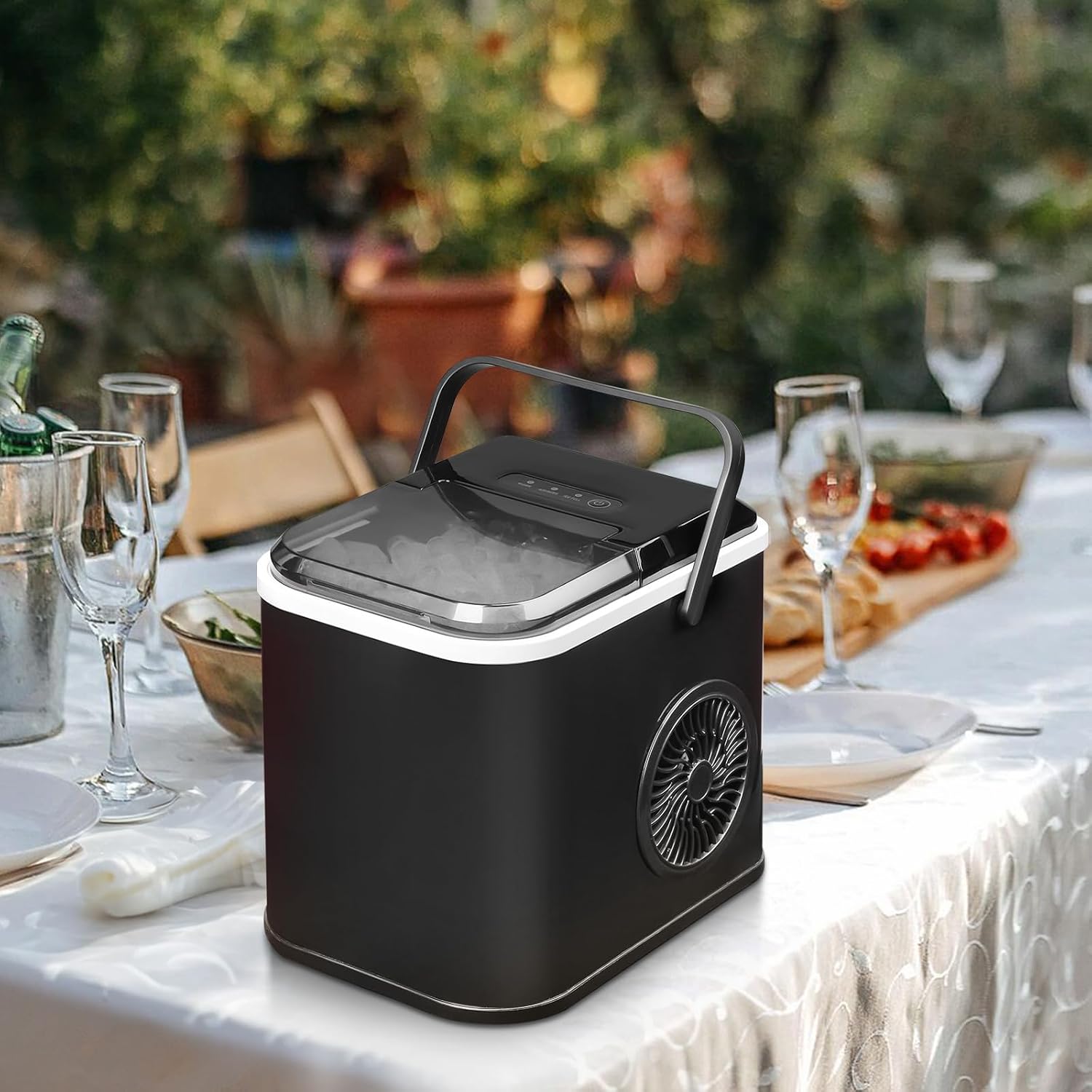 mollie Ice Maker used outdoors on a patio table