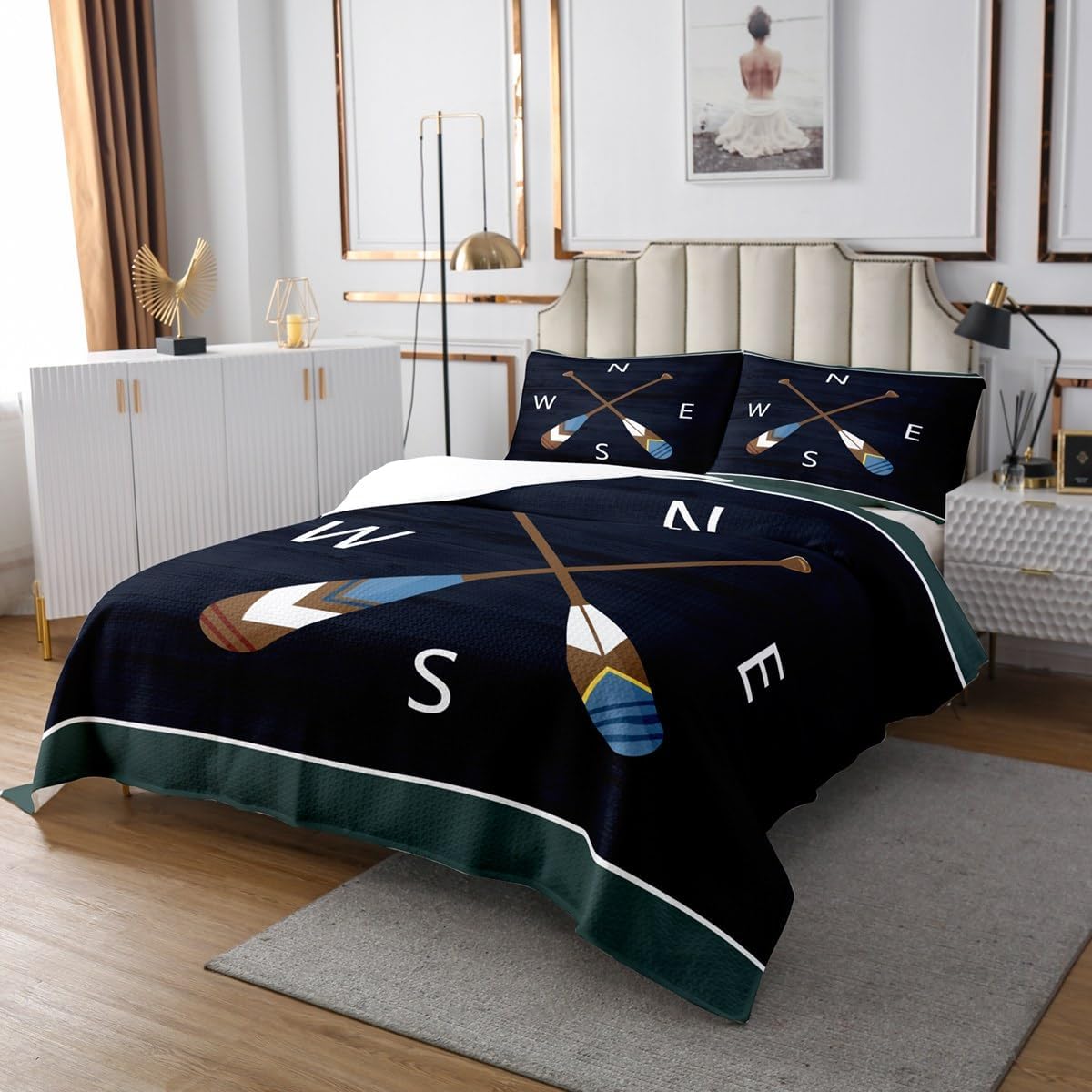 Lake Paddles Bedspread Set Queen Size for Kids,Boys Girls Lake Theme Quilt Set Rustic Farmhouse Bedspread Coverlet Vintage Wood Pattern Bedspread 3 Piece Decorative Bedding Quilted with 2 Pillow Shams
