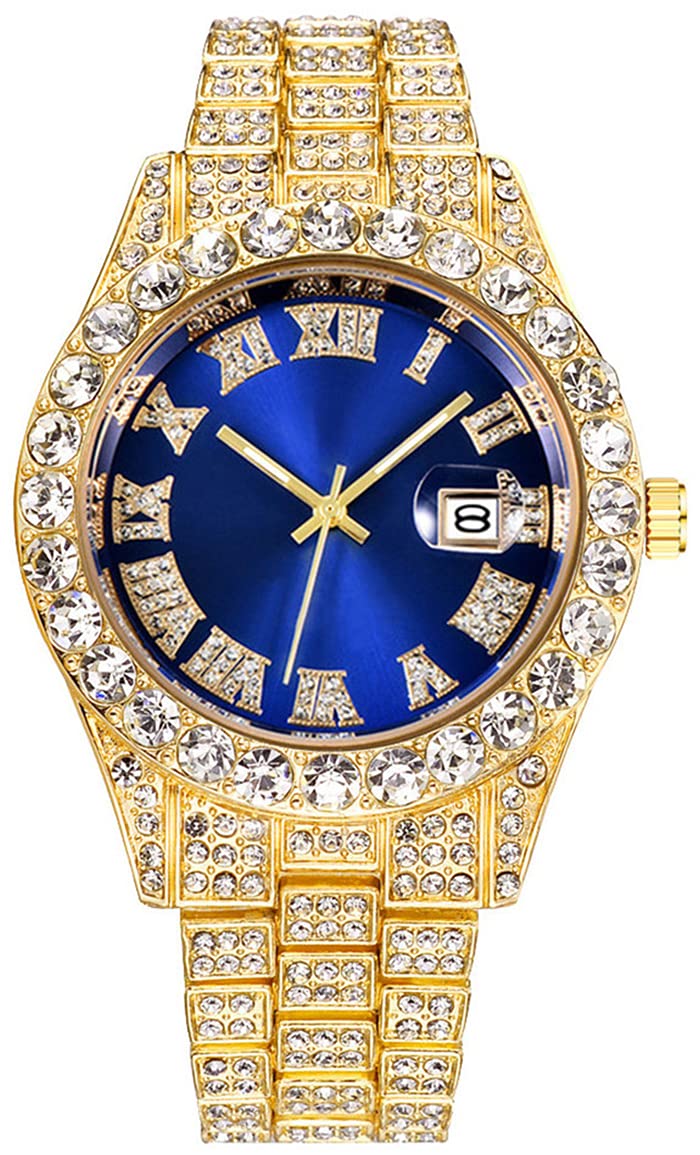 SENRUD Unisex Crystal Fashion Diamond Watch - Mens Womens Full Iced-Out Luxury Bracelet (Gold Blue)