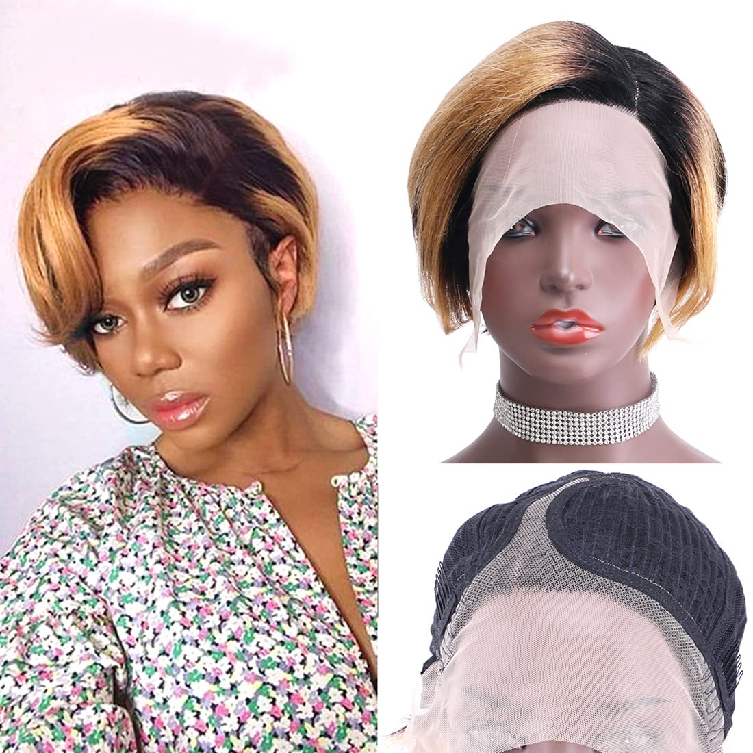 REYNA Short Pixie Cut Bob Human Hair Wig Side Part 13x4x1 Lace Wigs Ombre Honey Blonde Bob Wigs Human Hair for Black Women(T1/27#)