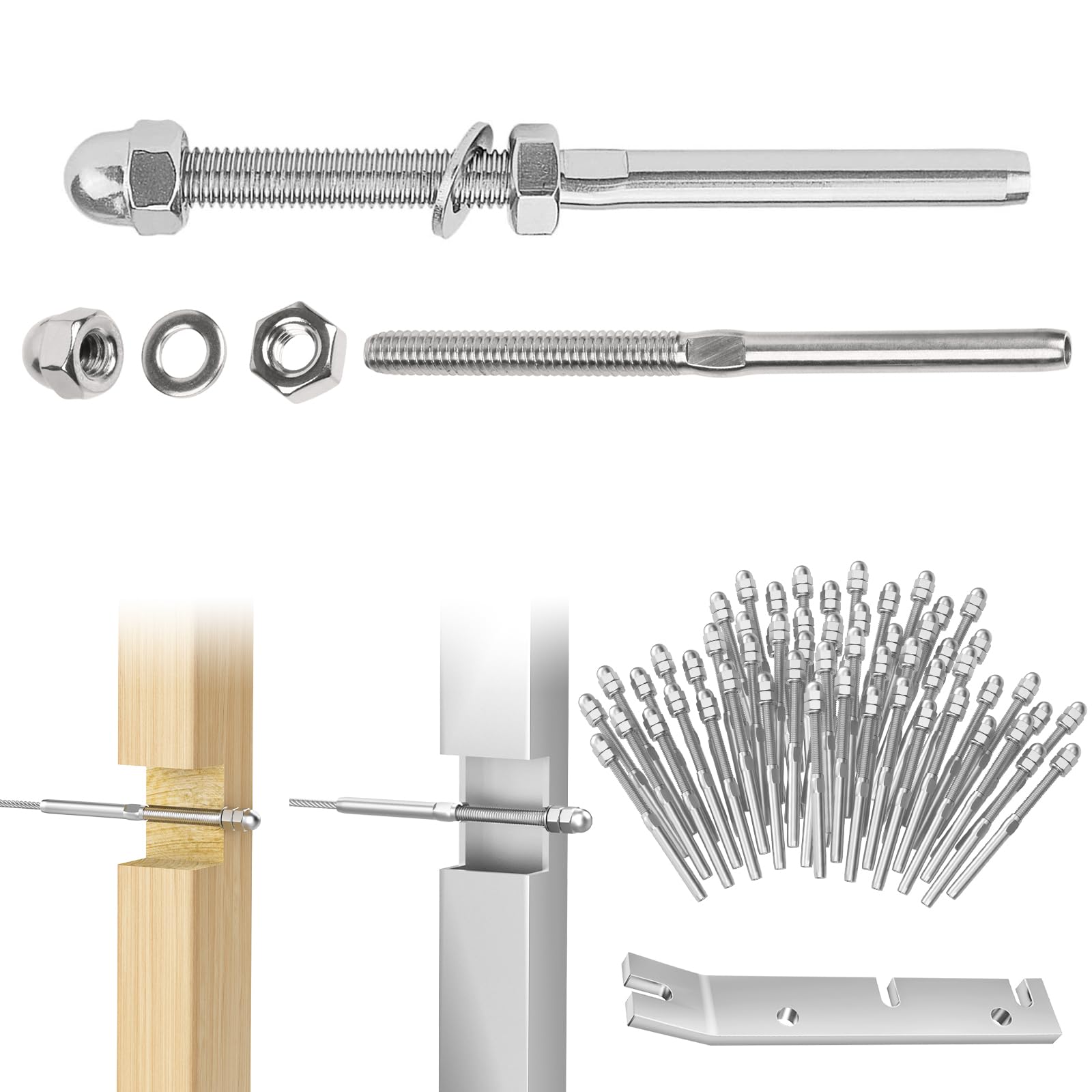 CKE 60 Pack Cable Railing Swage Threaded Stud Tension End Fitting Terminal for 3/16" Cable Deck Railing Hand Swage T316 Stainless Steel Marine Grade