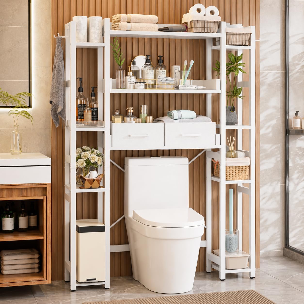 Cyclysio Over The Toilet Storage Rack, 2 Fabric Drawers, Adjustable Shelves