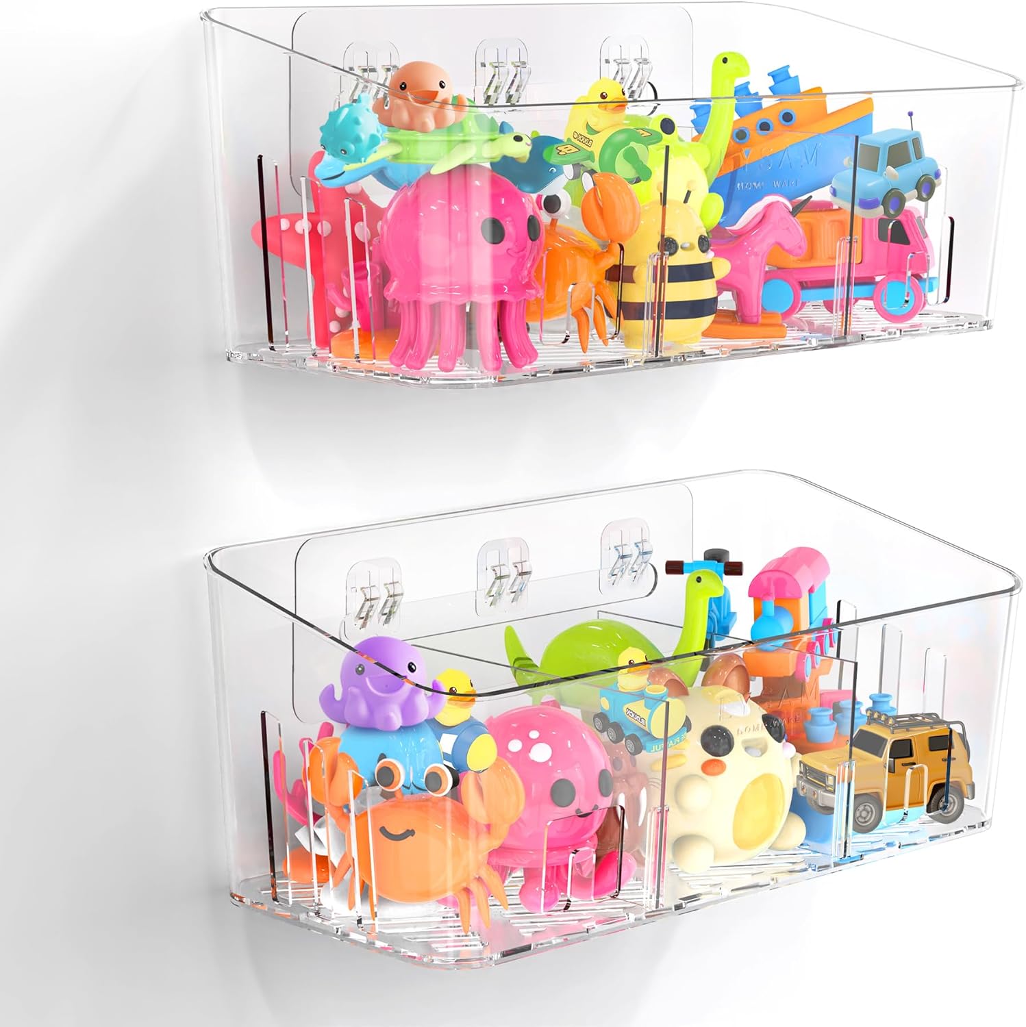 Lysam Bath Toy Storage 2-Pack: Large 3-Compartment Quick Dry Organizer for Baby Toddler Toys, Clear Wall Mount Bin