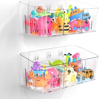 Lysam Bath Toy Storage 2-Pack: Large 3-Compartment Quick Dry Organizer for Baby Toddler Toys, Clear Wall Mount Bin